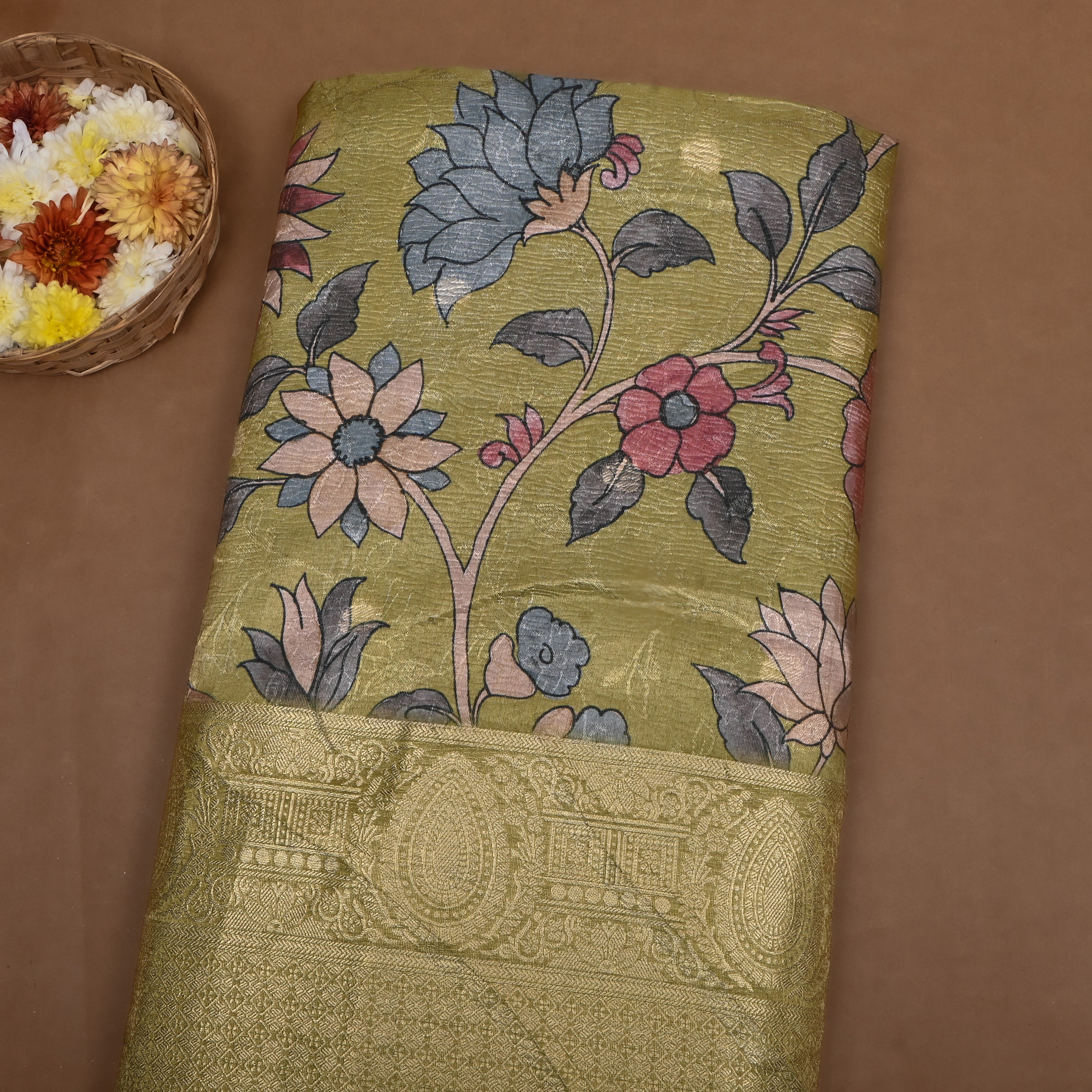 Dusty Green Floral Printed Tissue Fabric