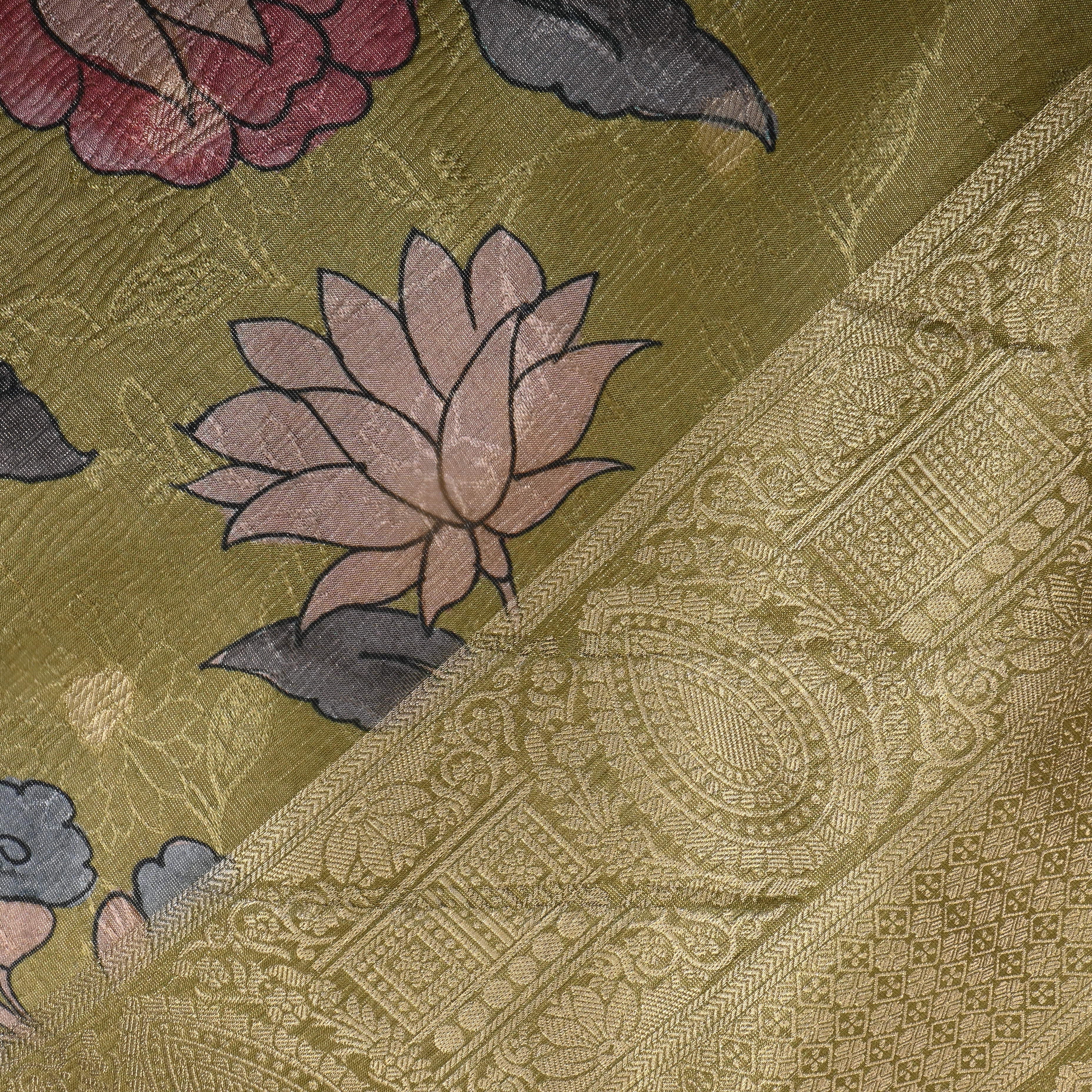 Dusty Green Floral Printed Tissue Fabric