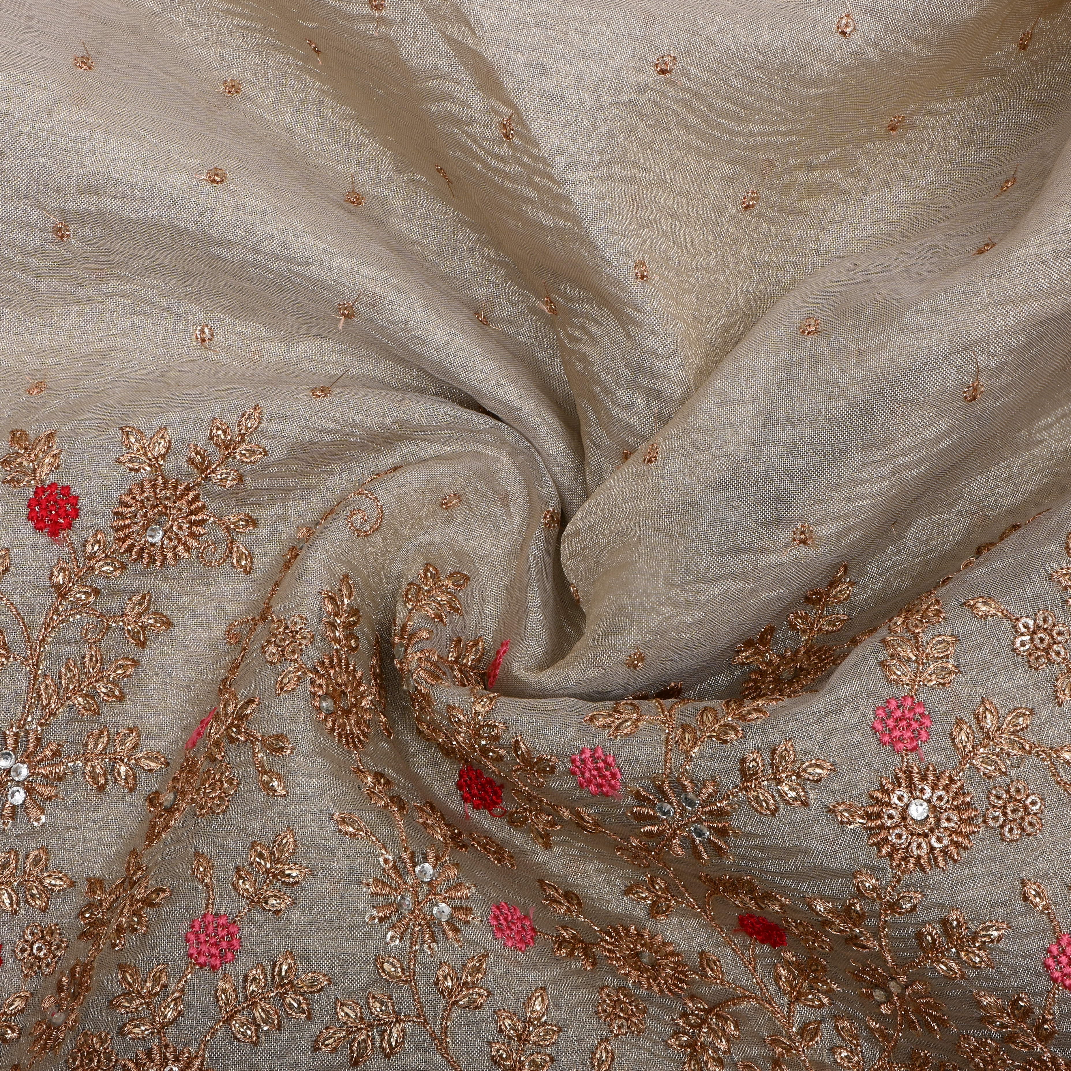 Golden Floral Zari Embroidered Tissue Fabric