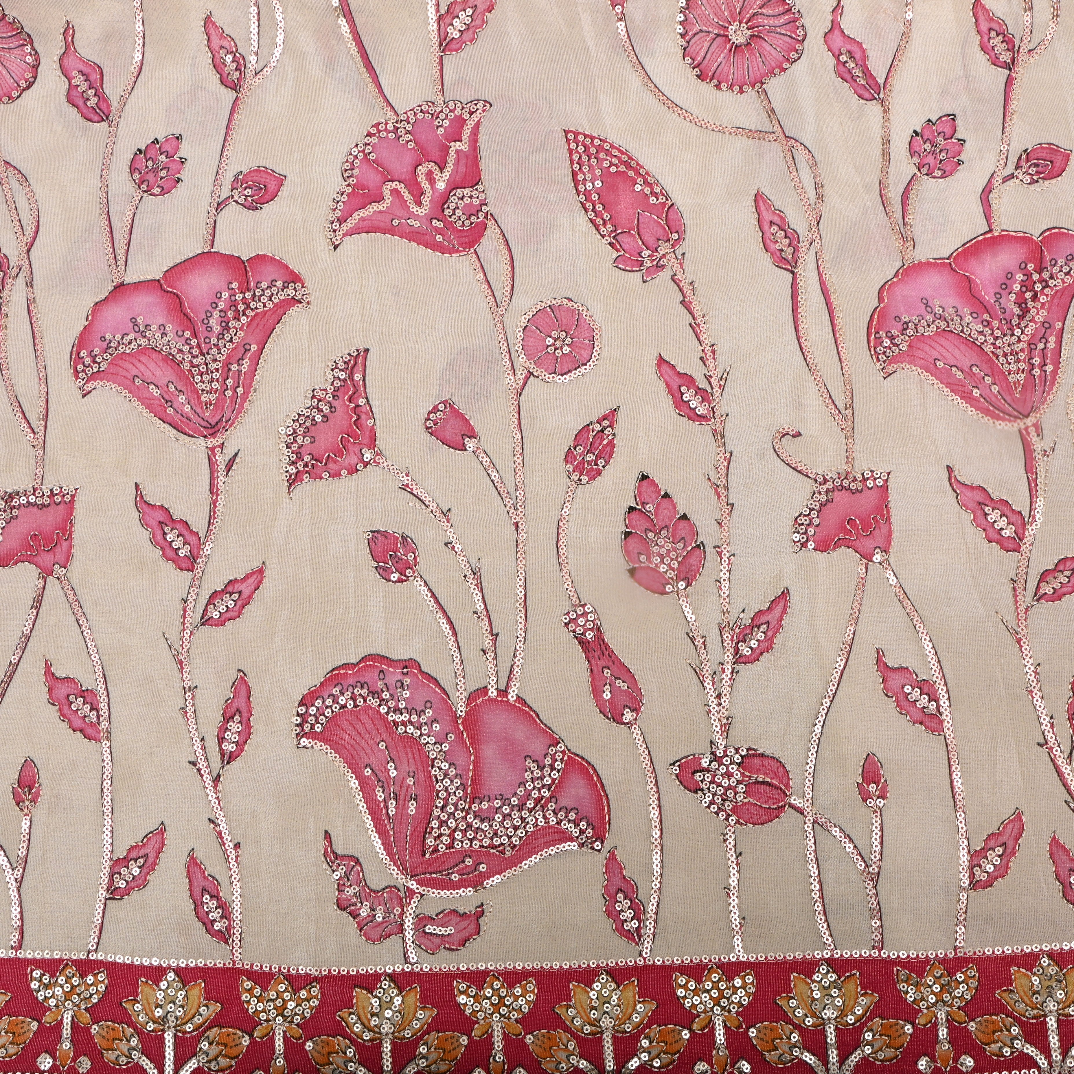 Beige Floral Printed Tissue Fabric