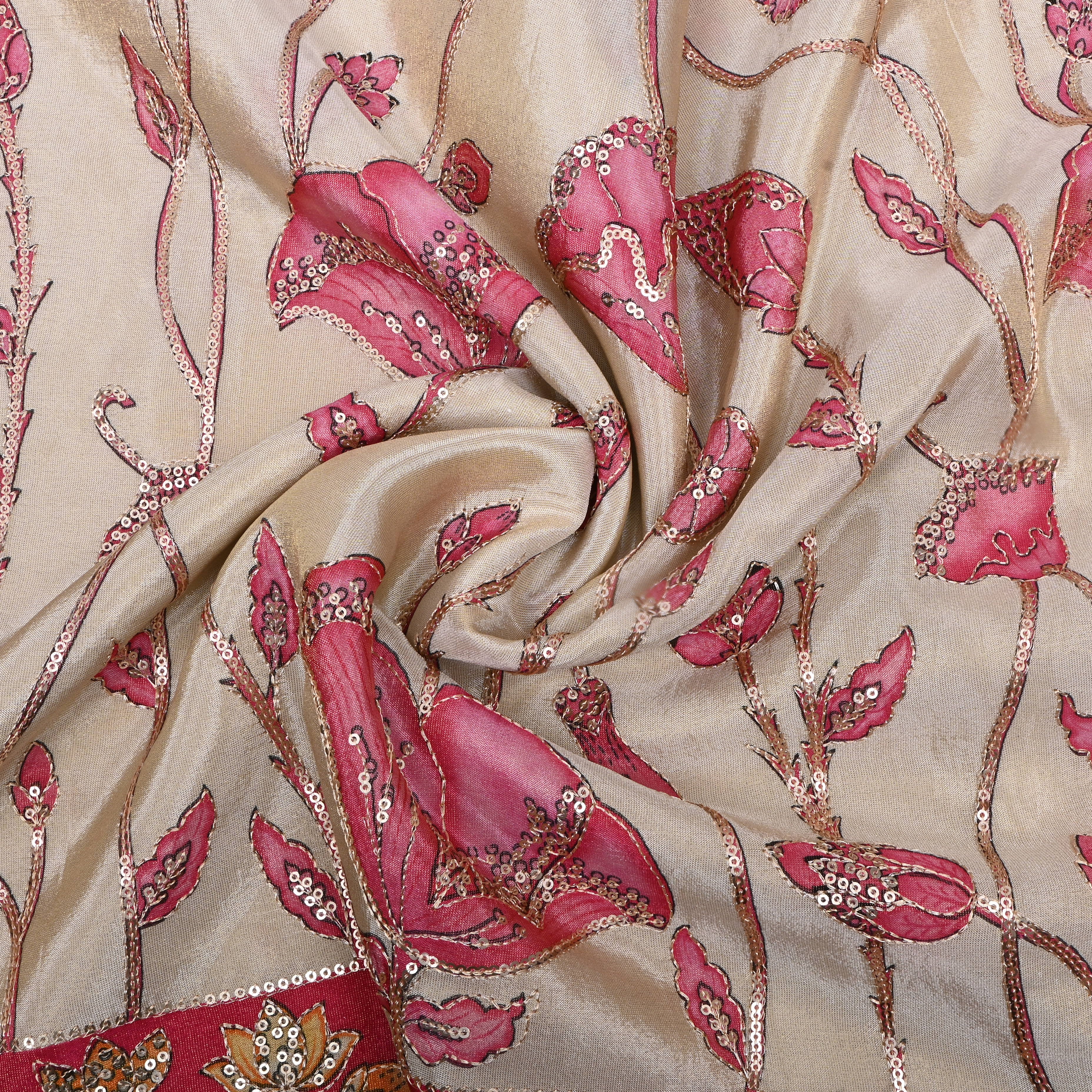 Beige Floral Printed Tissue Fabric