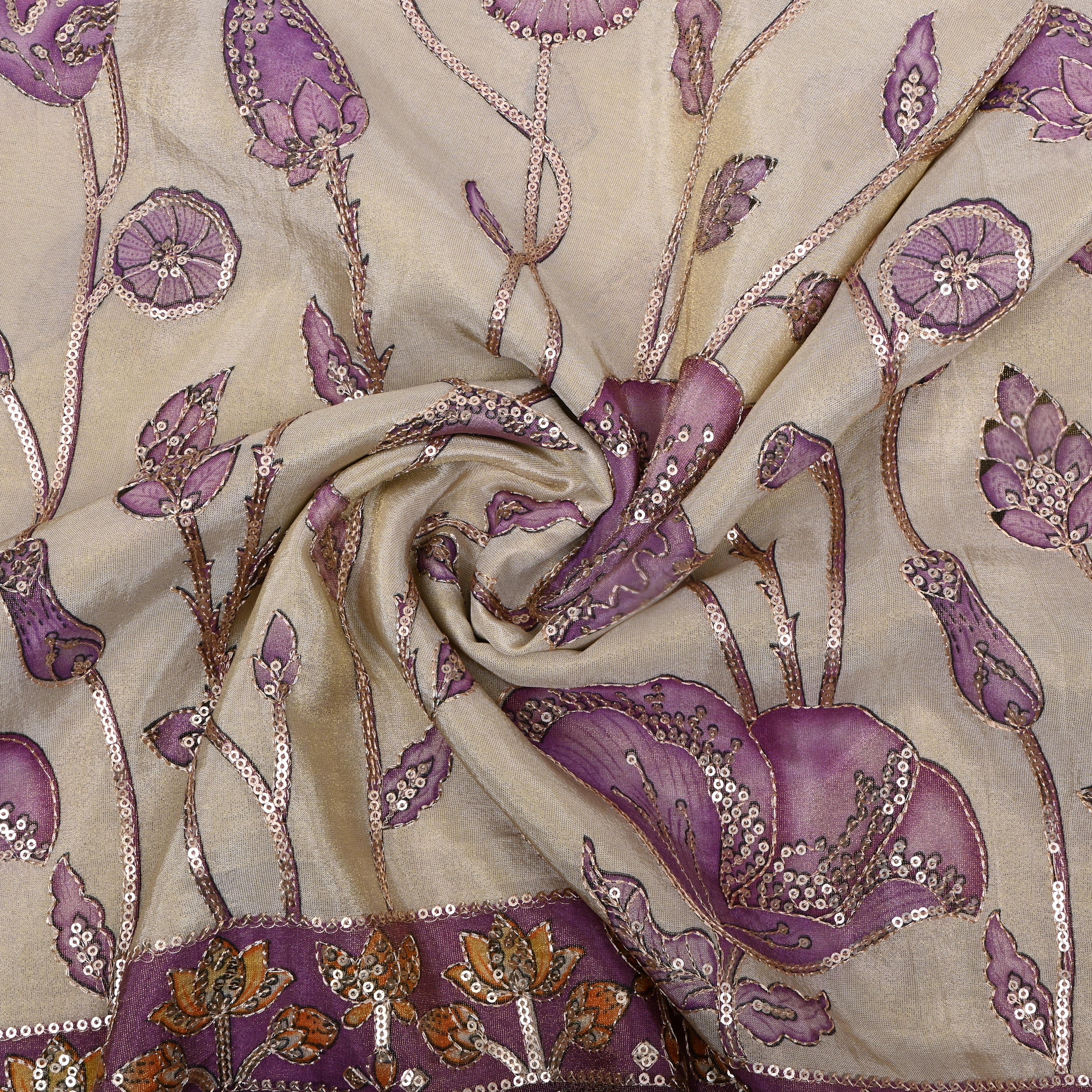 Khaki Beige Floral Printed Tissue Fabric