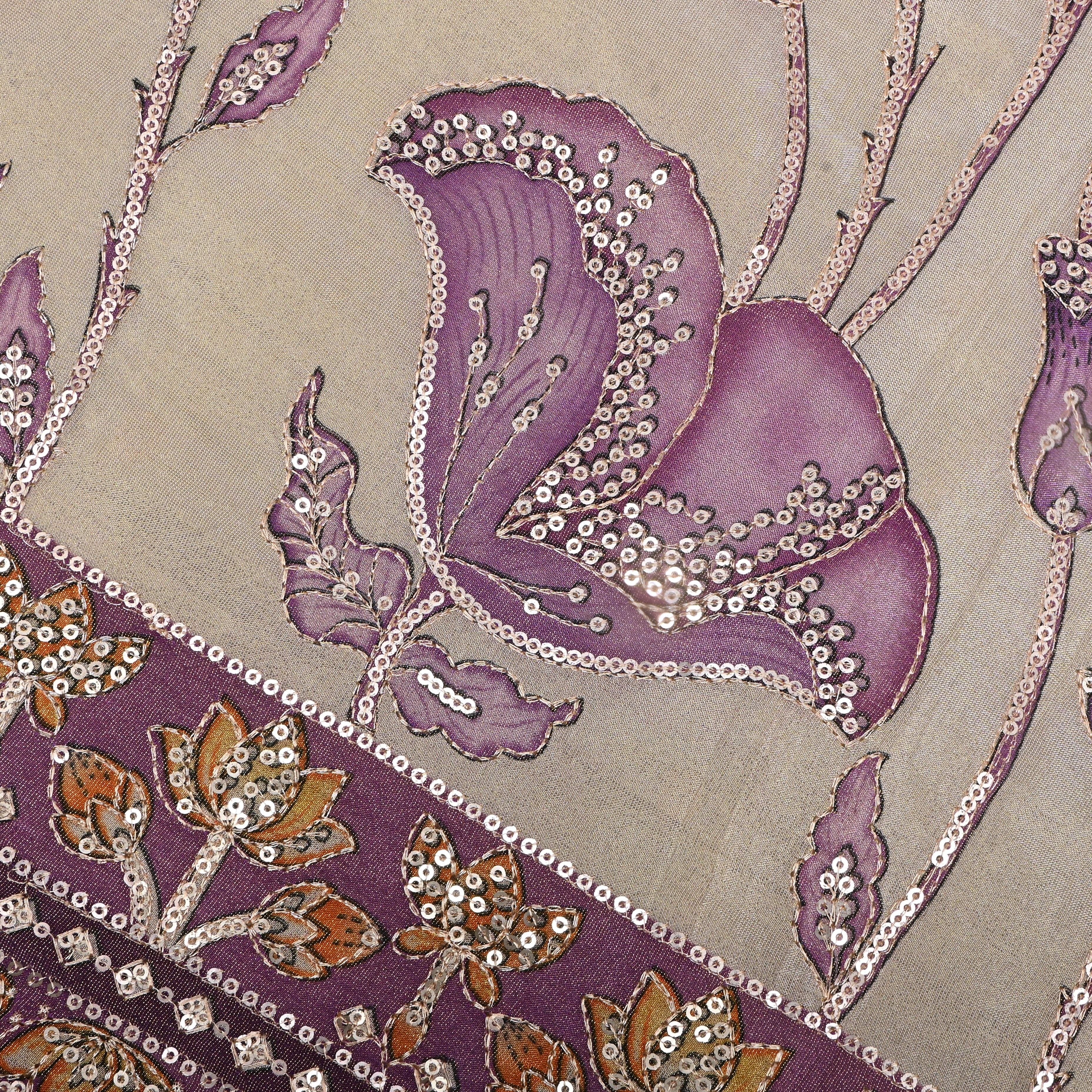 Khaki Beige Floral Printed Tissue Fabric