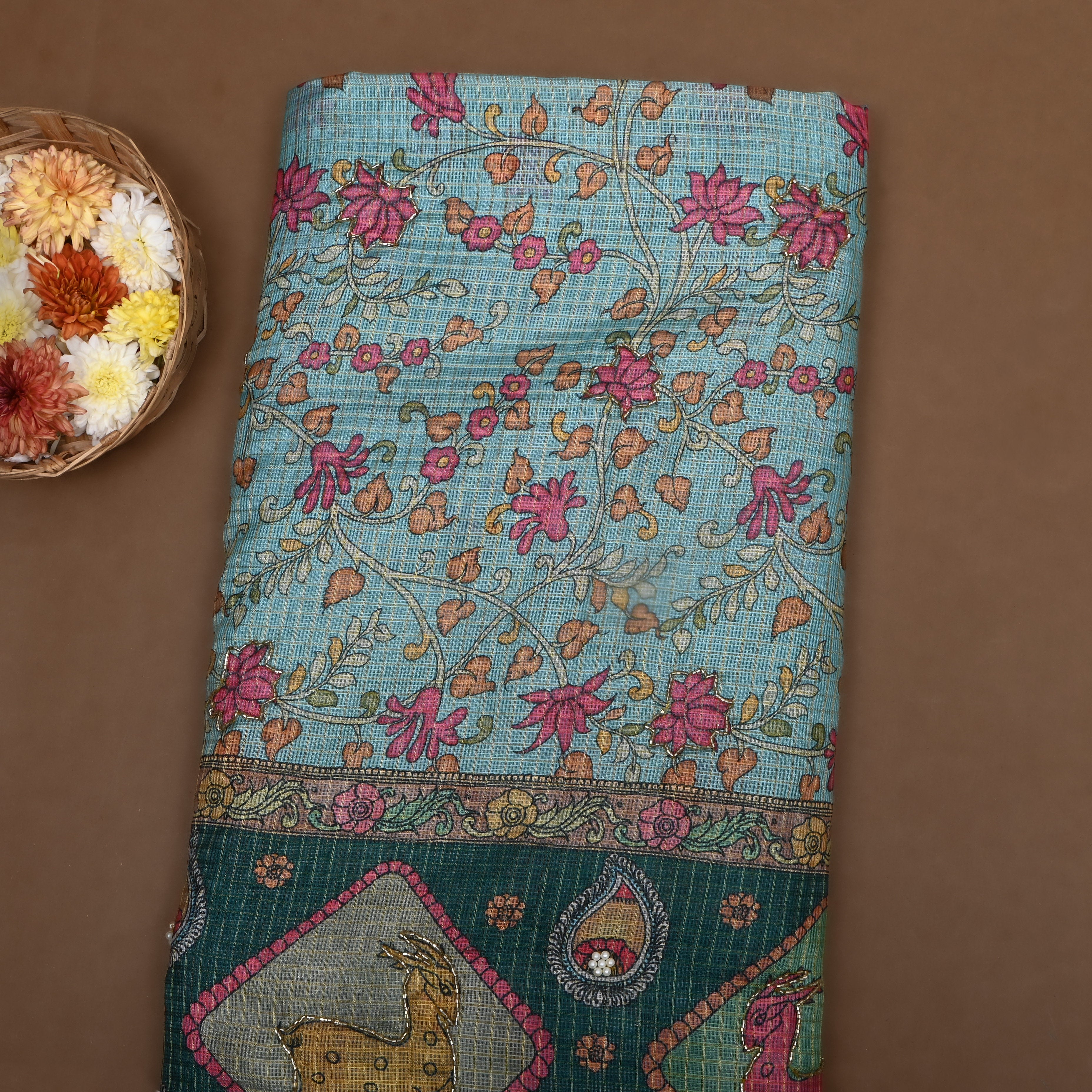 Turquoise Printed Kota Fabric