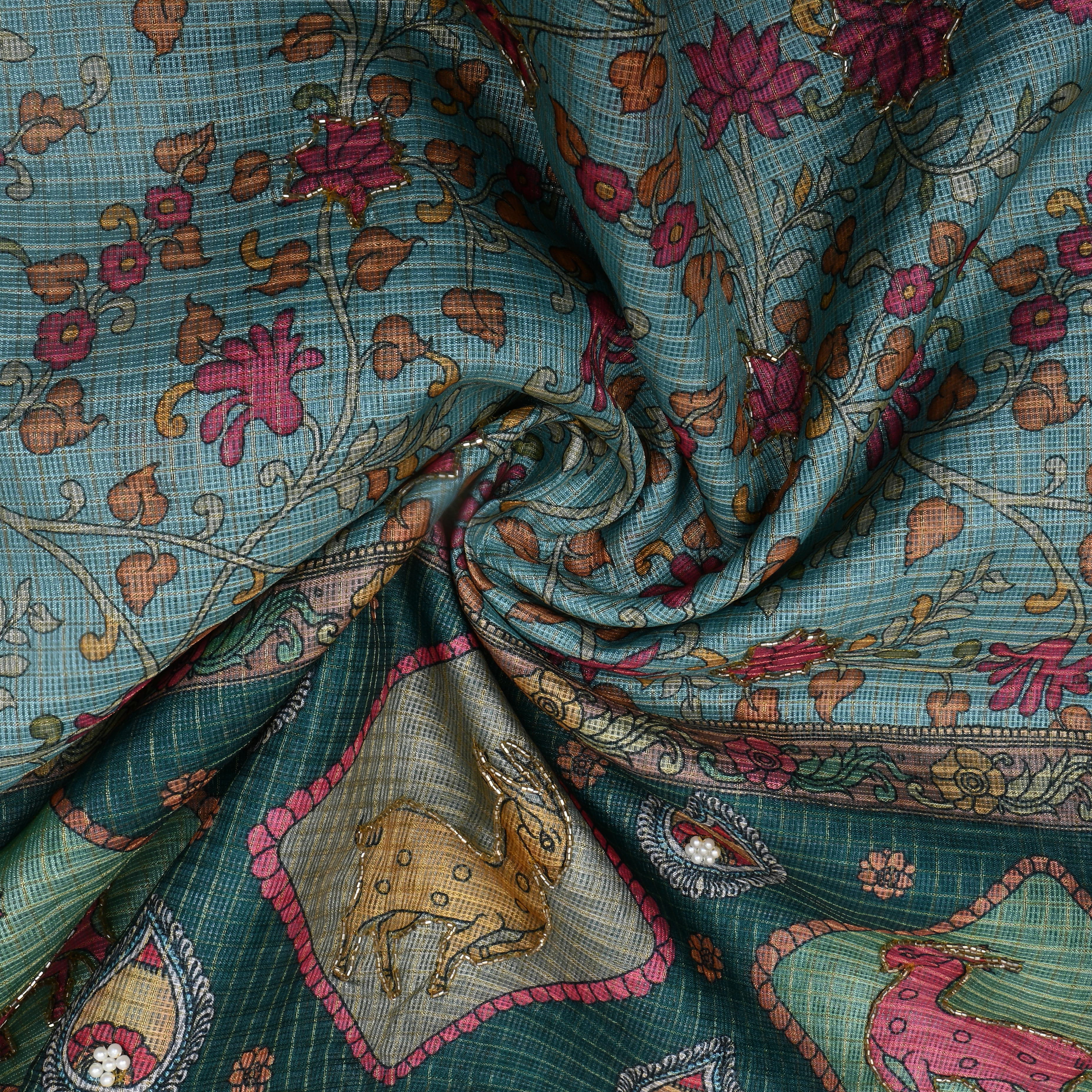 Turquoise Printed Kota Fabric