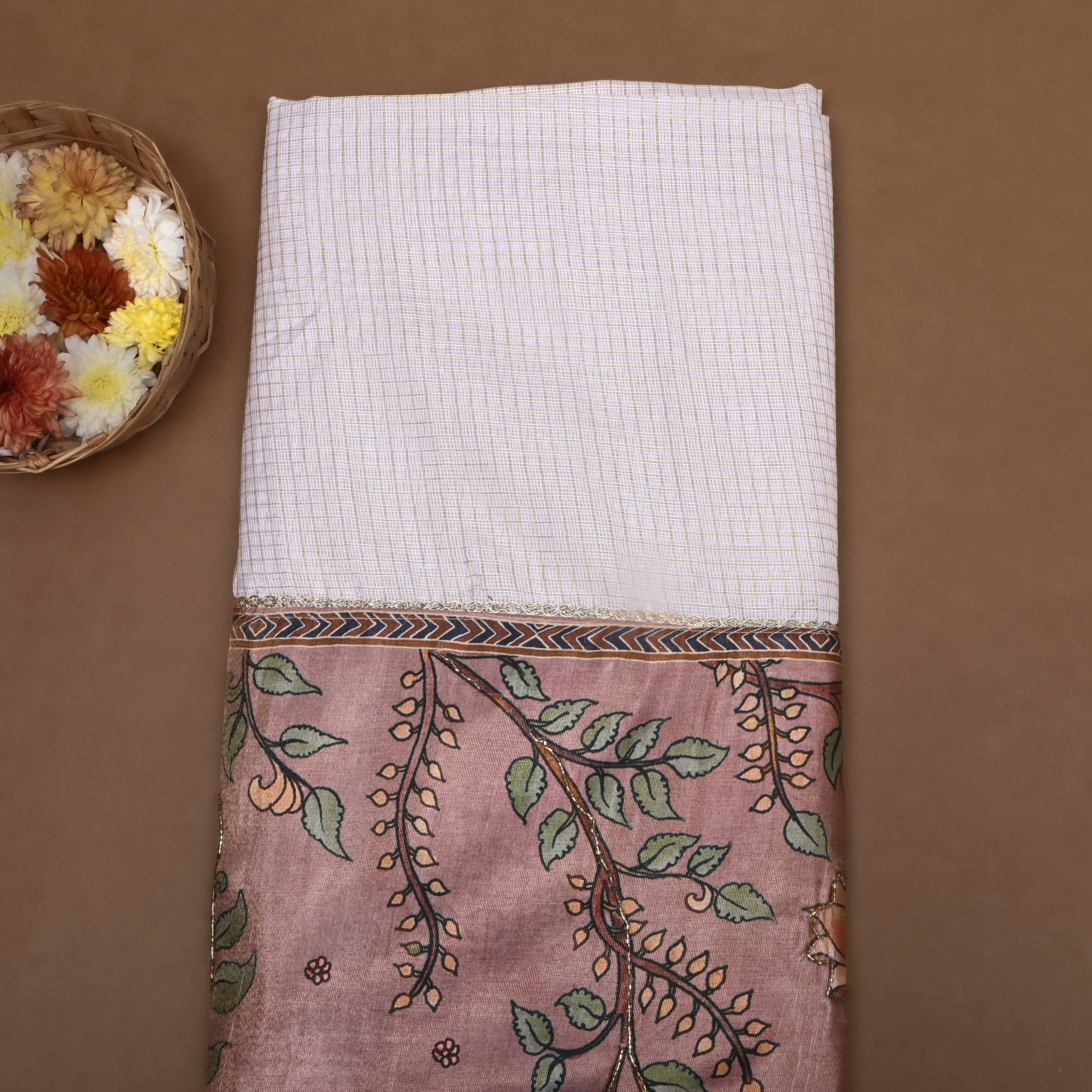 Off White Floral Printed Kota Fabric