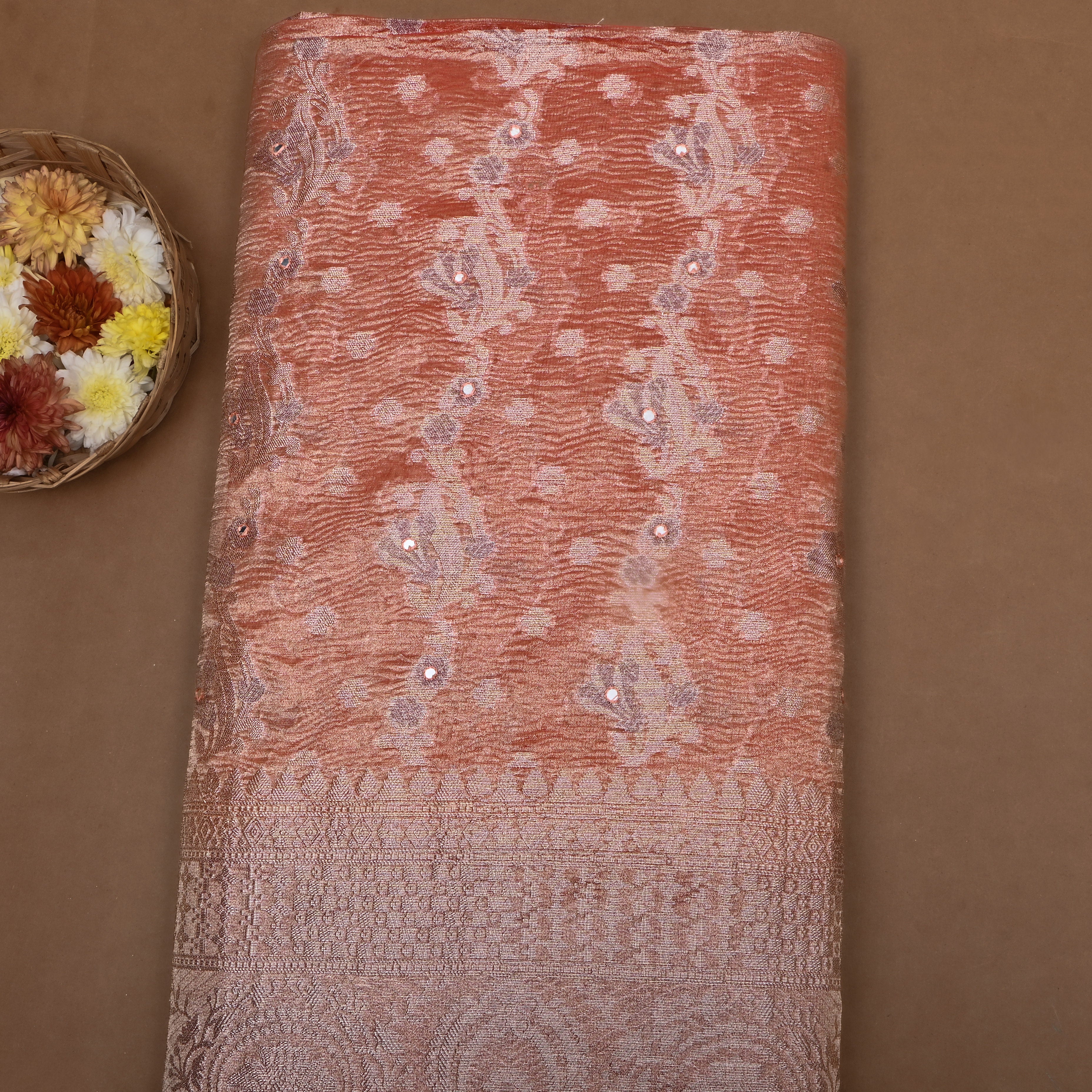 Peel Orange Zari Woven Tissue Fabric