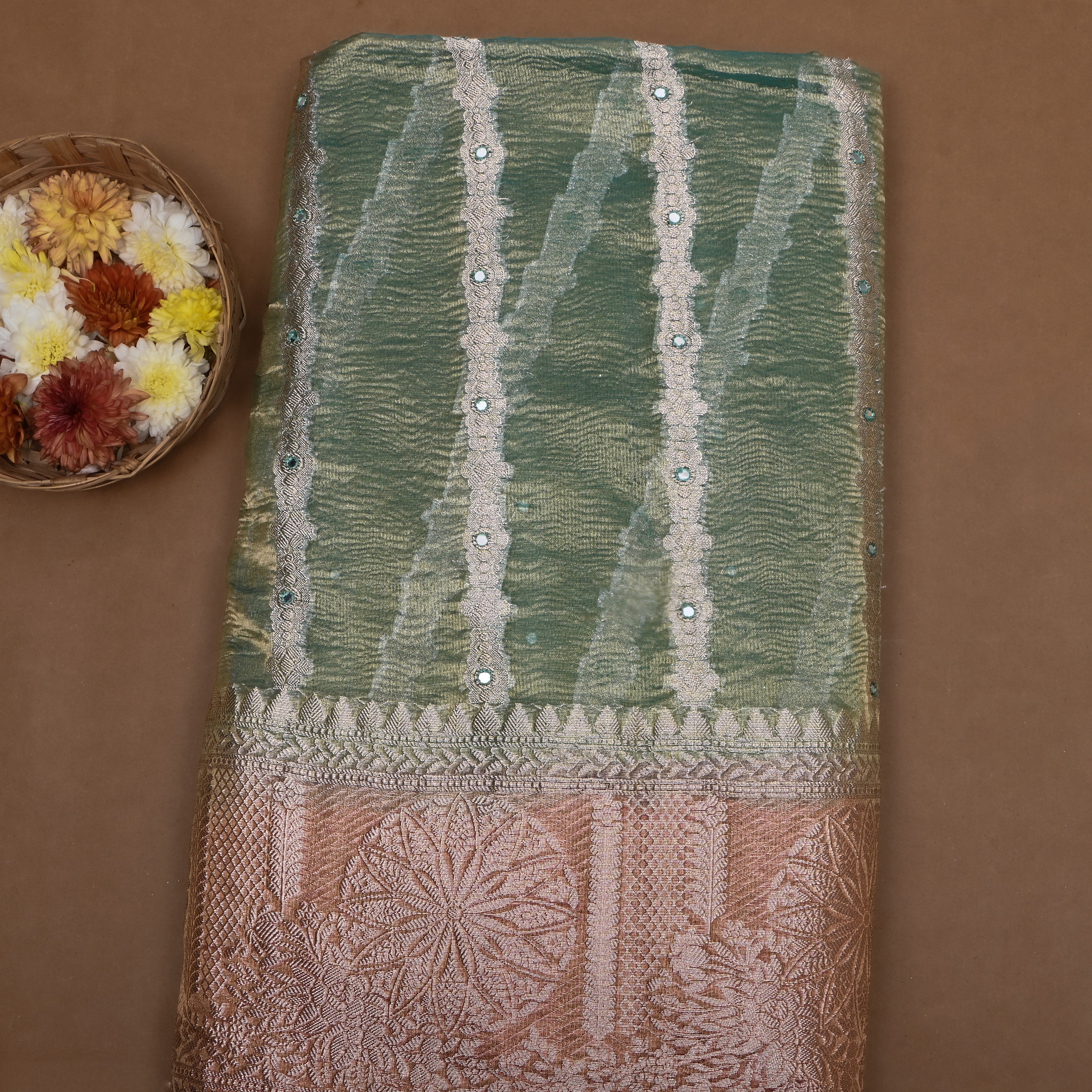 Crape Green Zari Woven Tissue Fabric