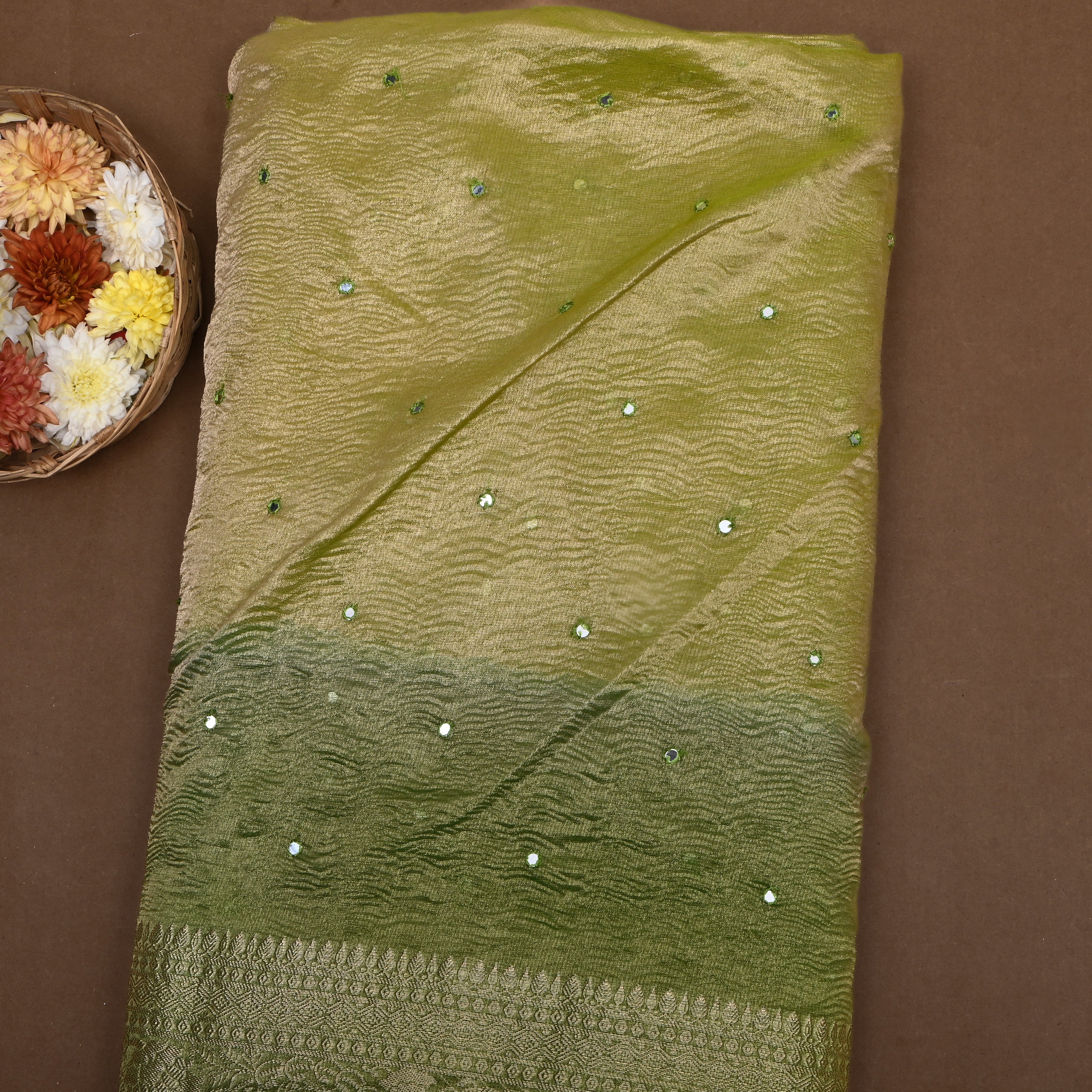 Dual Tone Leaf Green Zari Woven Tissue Fabric