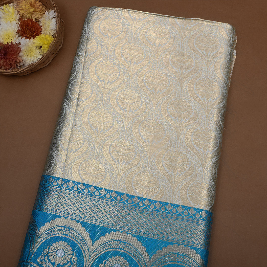 Coral White Zari Weave Jamawar Silk Fabric