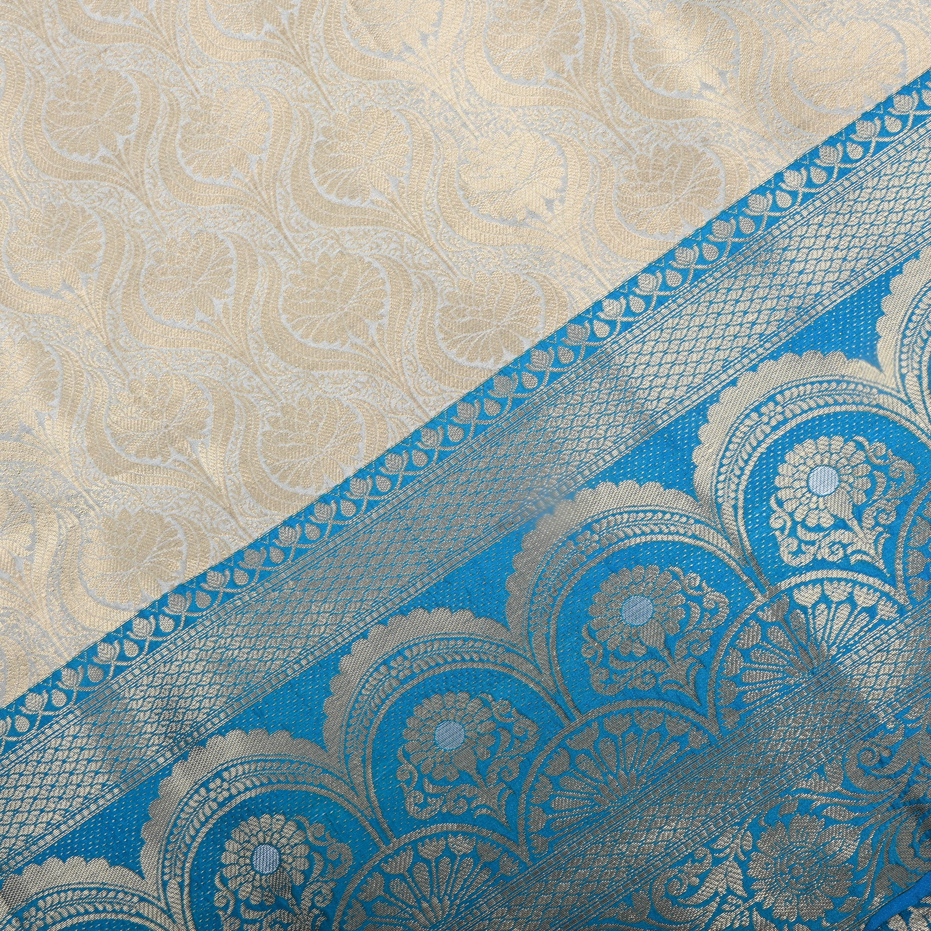 Coral White Zari Weave Jamawar Silk Fabric