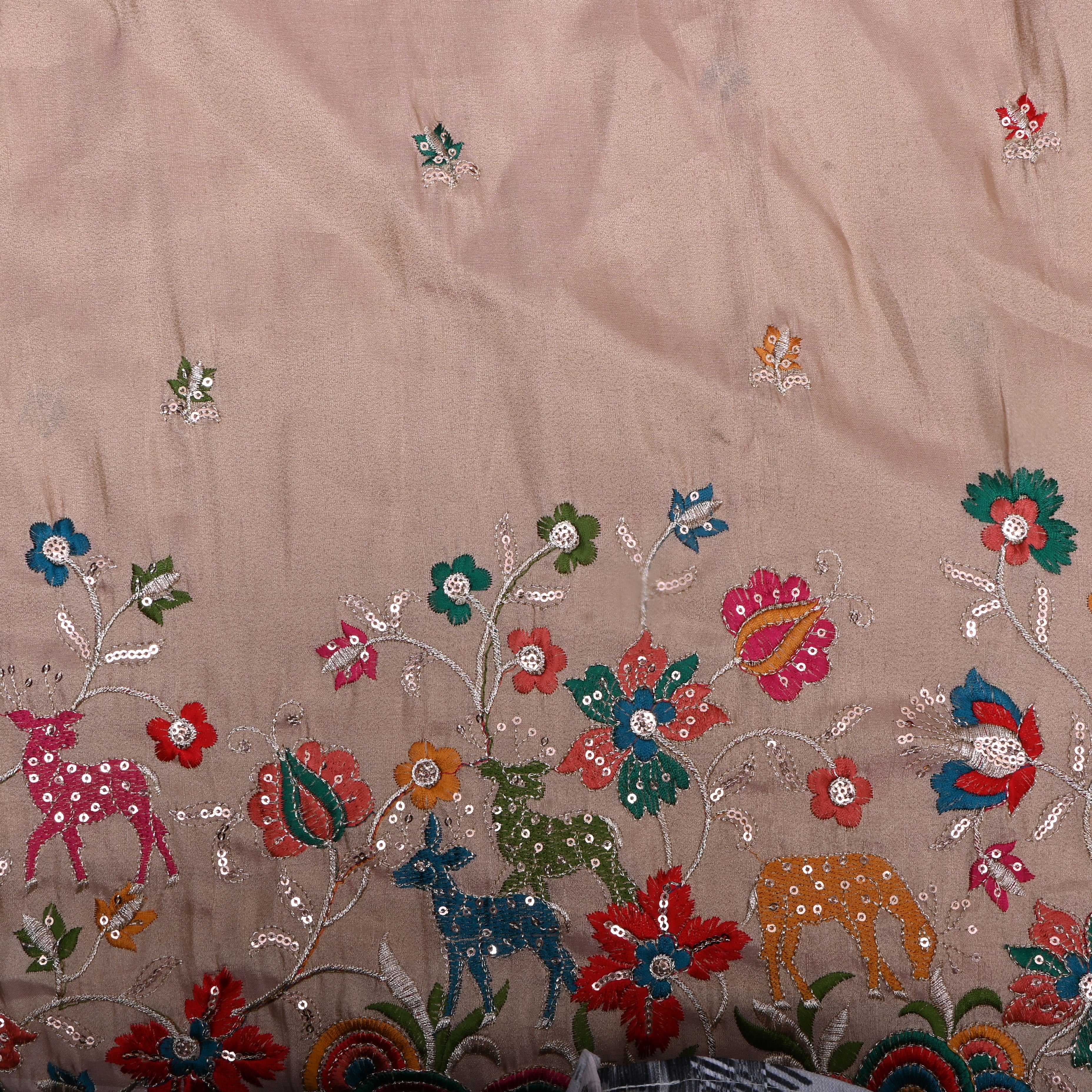 Light Antique Brown Thread Embroidered Tissue Fabric