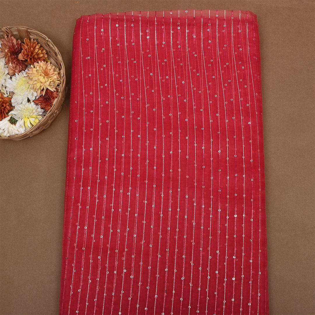 Raspberry Pink Zari Embroidered Organza Fabric