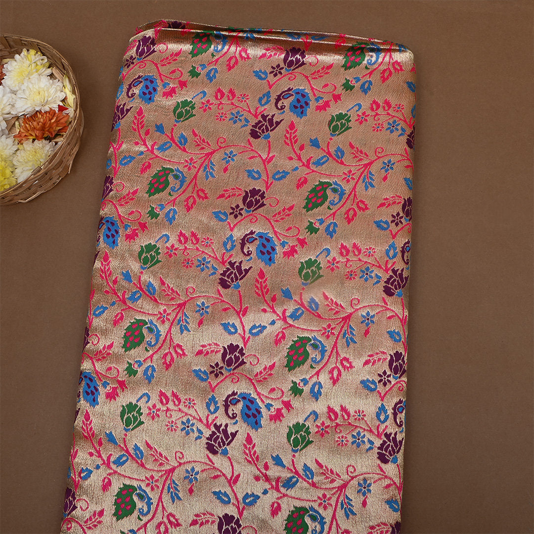 Pinkish Gold Floral Jamawar Tissue Fabric