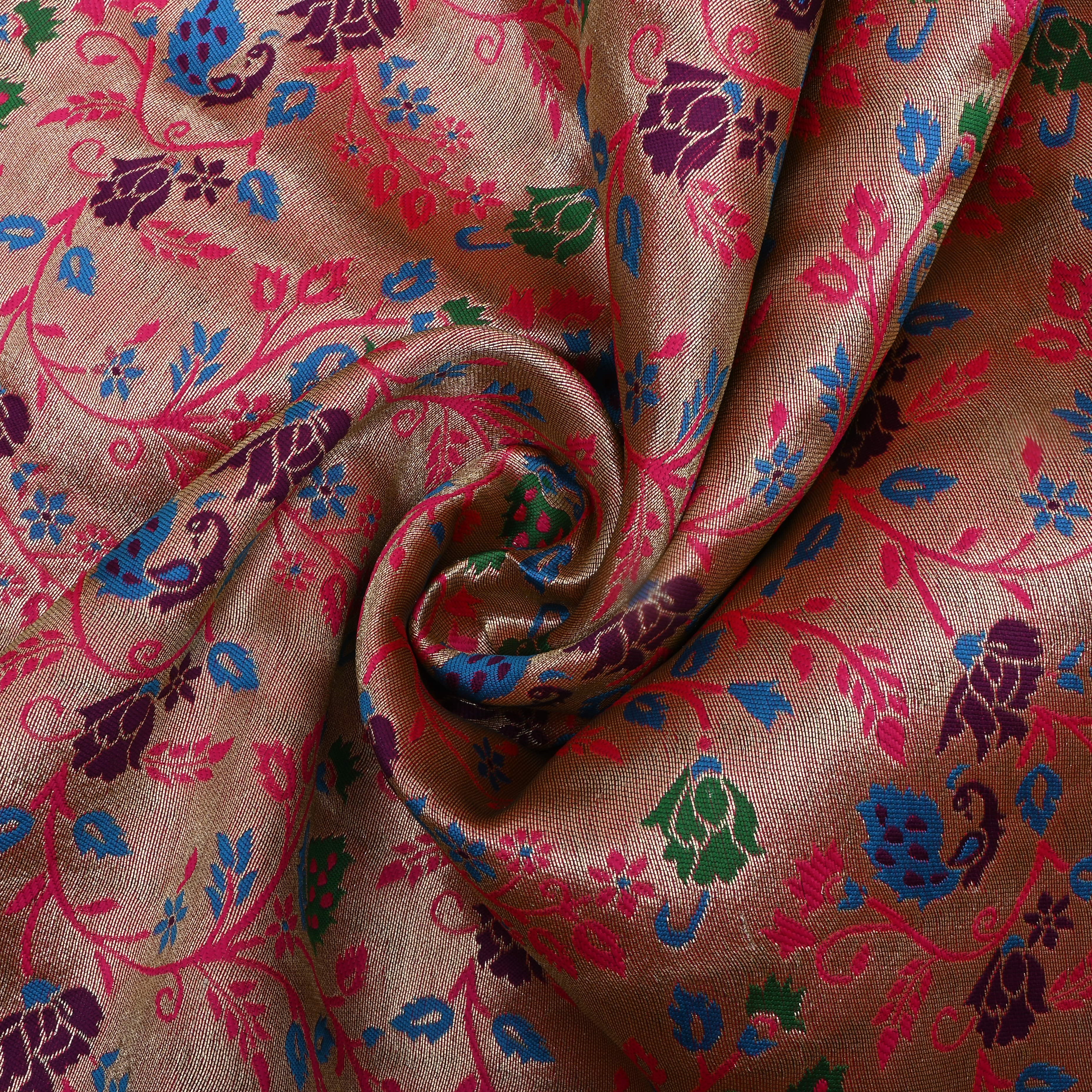 Pinkish Gold Floral Jamawar Tissue Fabric