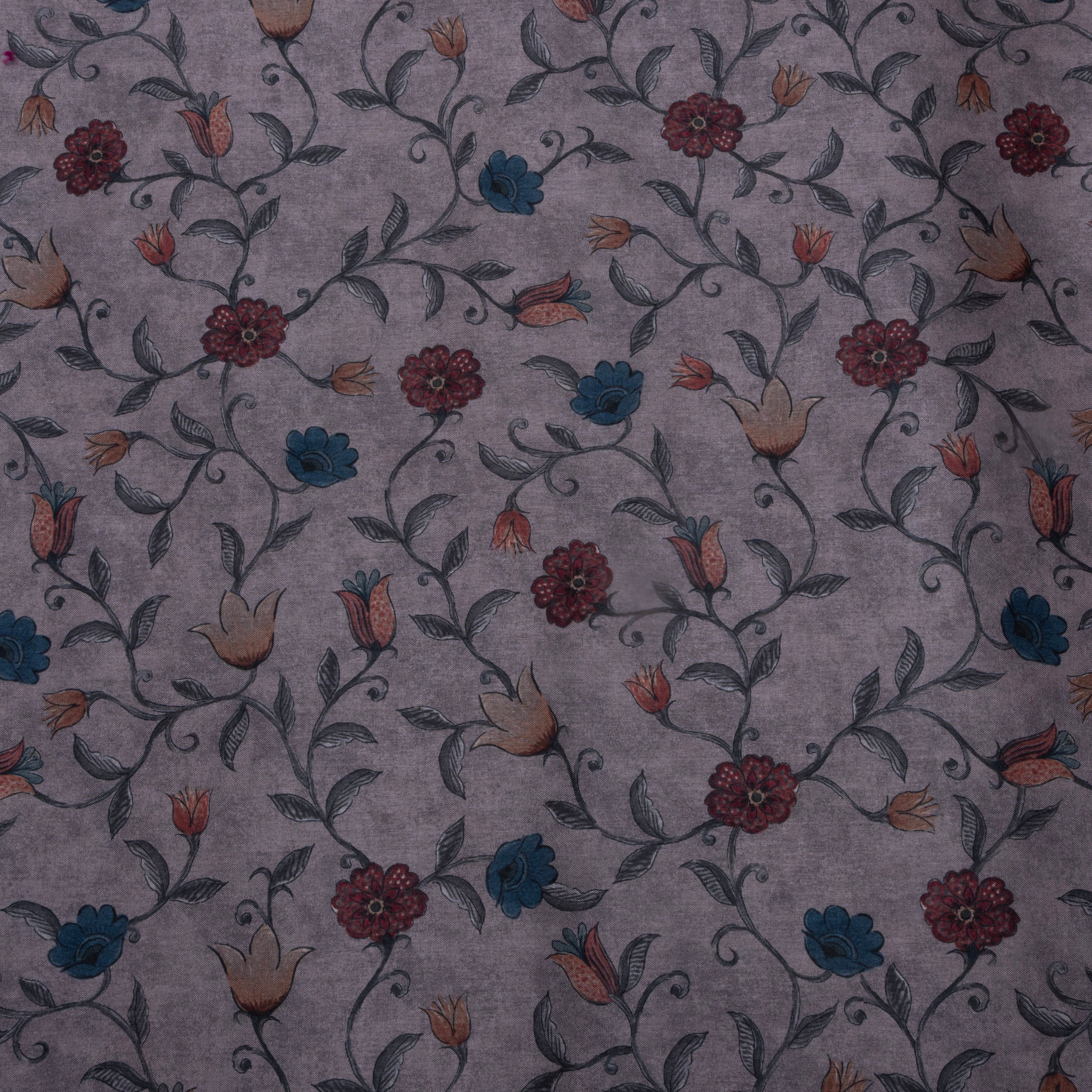 Grey Floral Printed Tussar Fabric