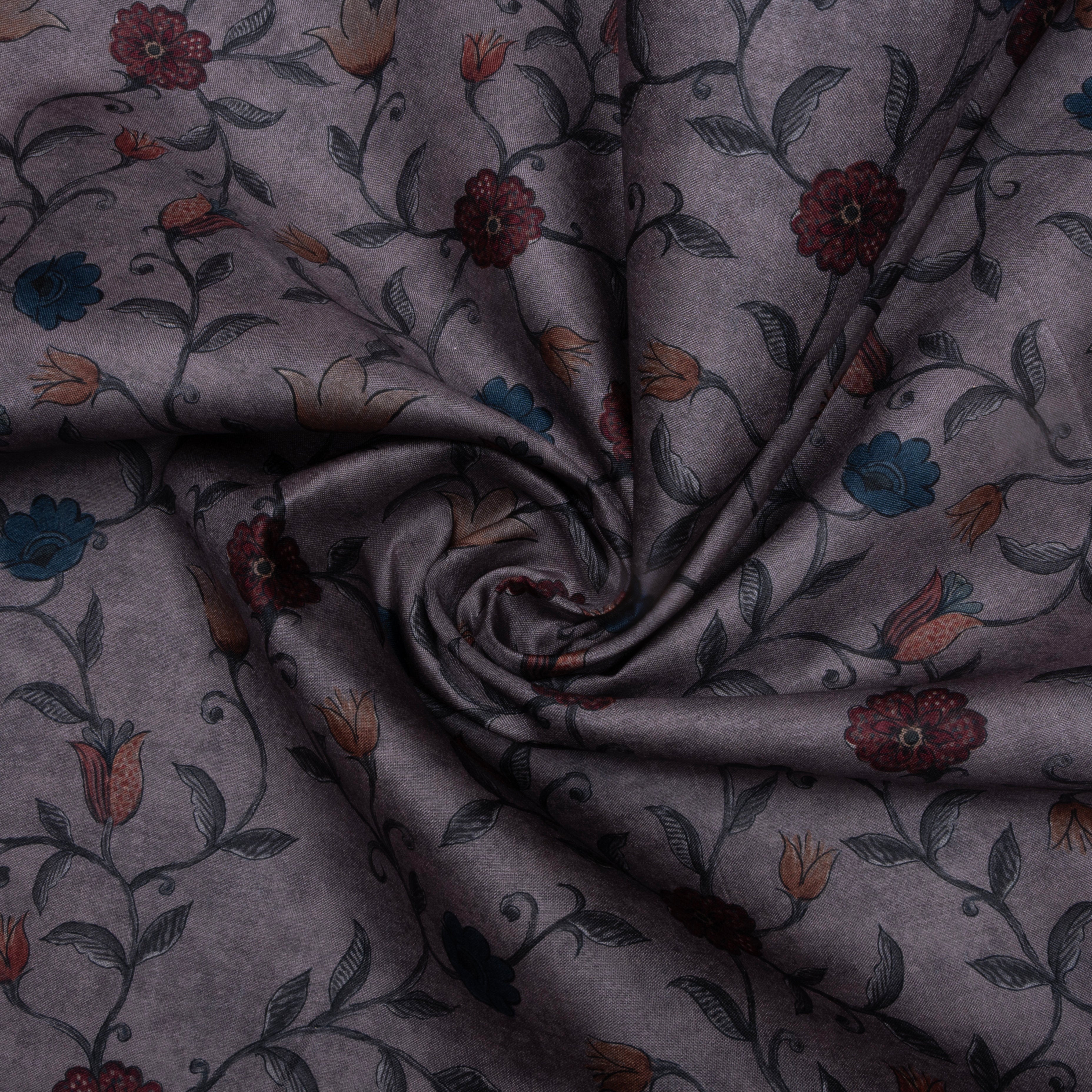 Grey Floral Printed Tussar Fabric