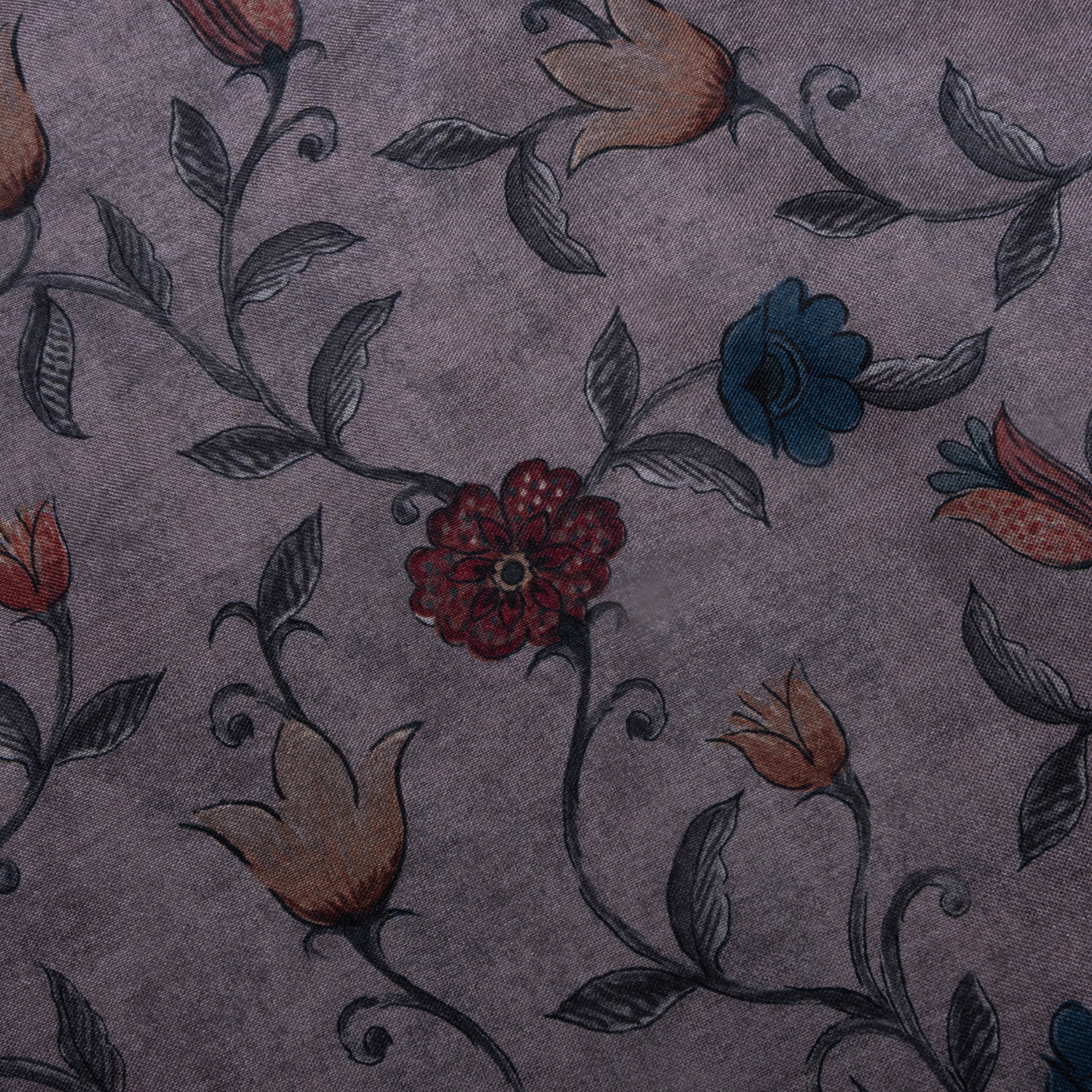 Grey Floral Printed Tussar Fabric