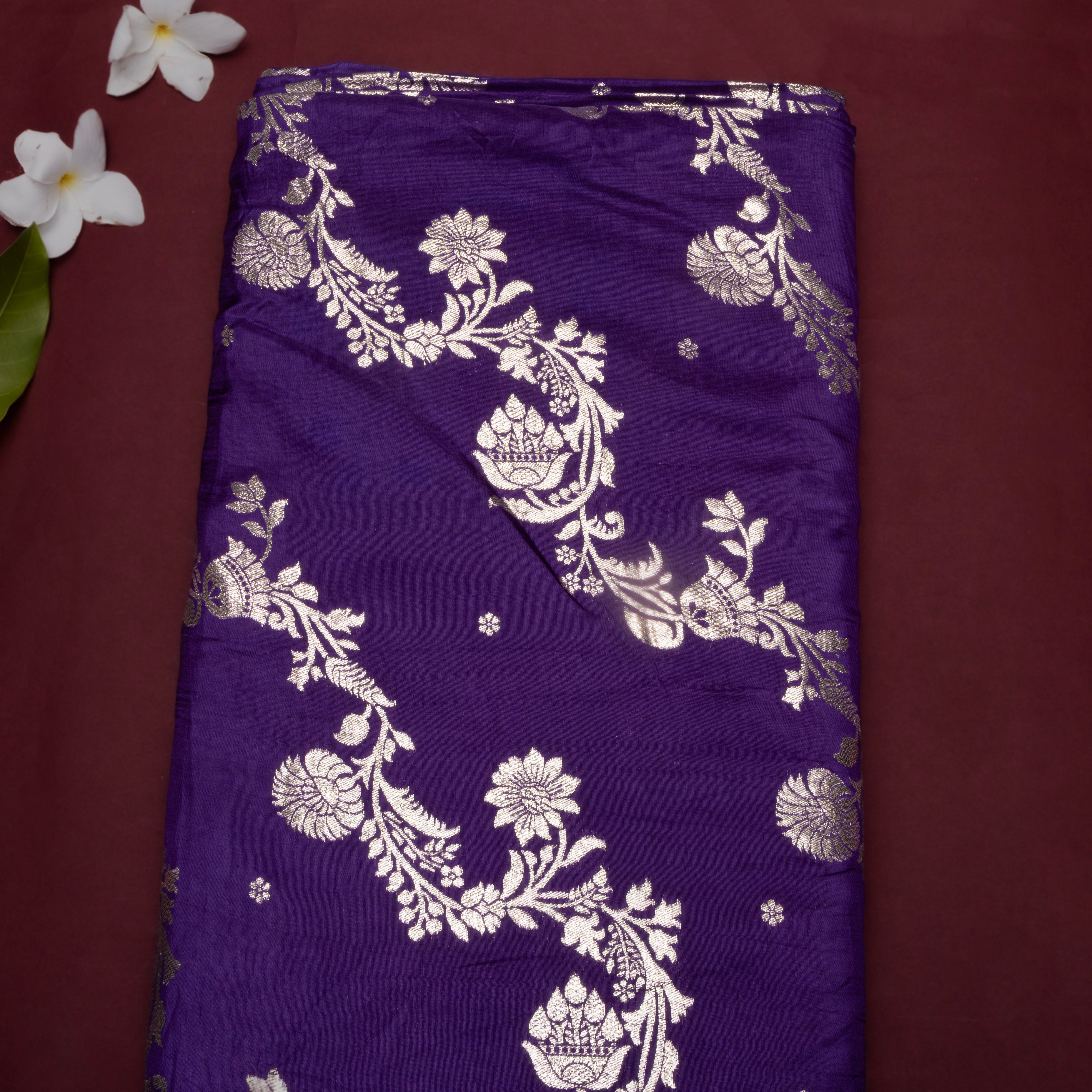 Purple Floral Zari Woven Jamawar Silk Fabric