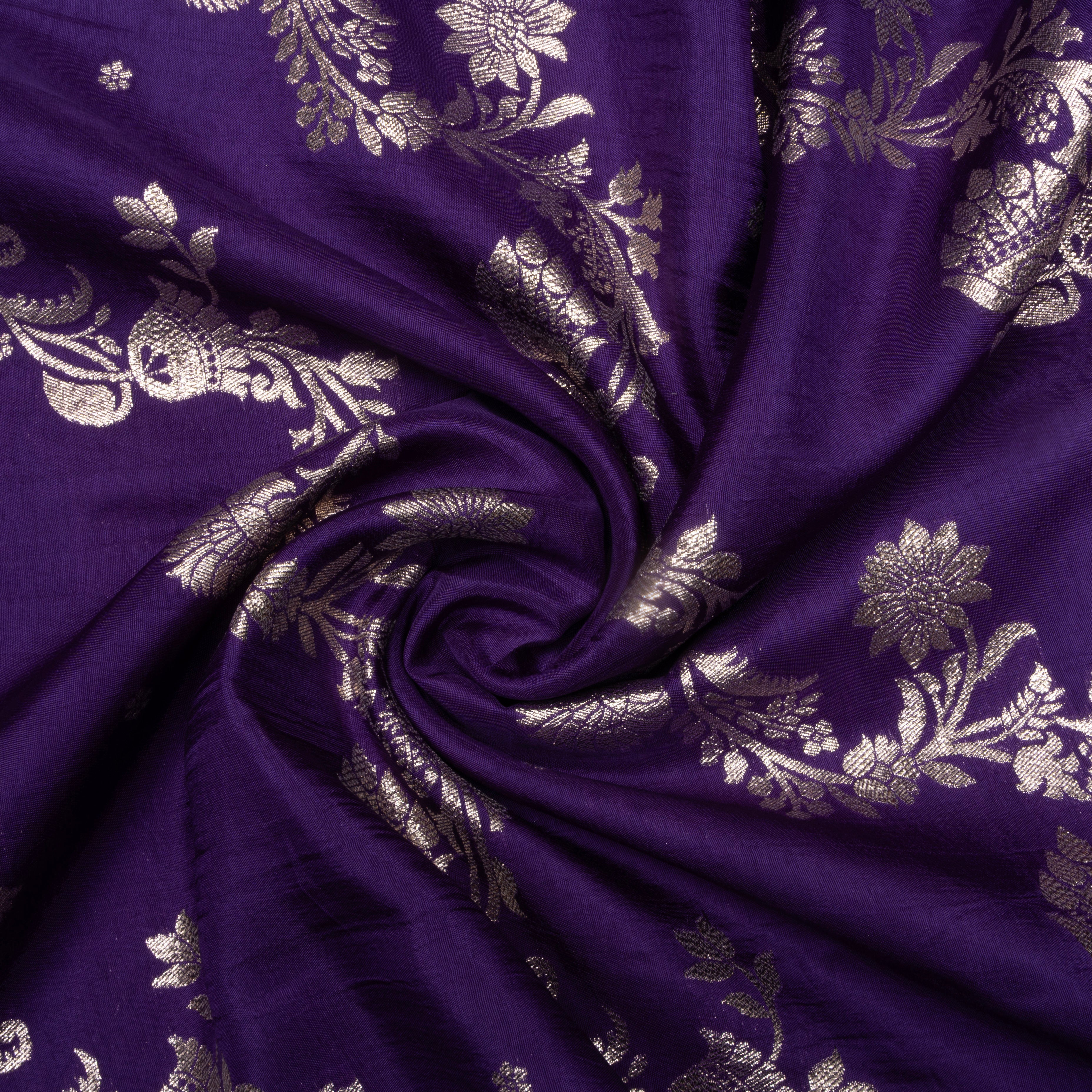 Purple Floral Zari Woven Jamawar Silk Fabric