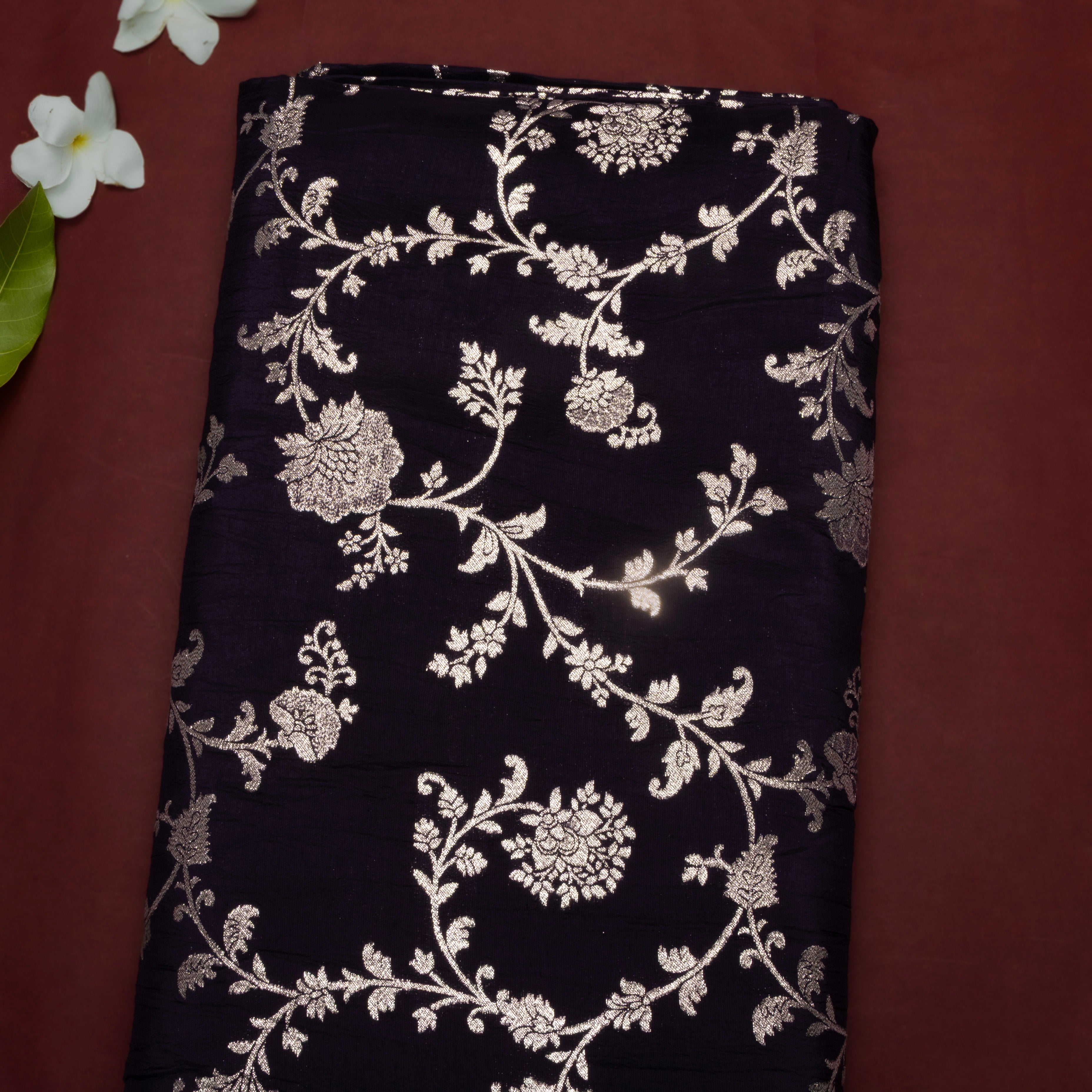Dark Purple Floral Jamawar Silk Fabric