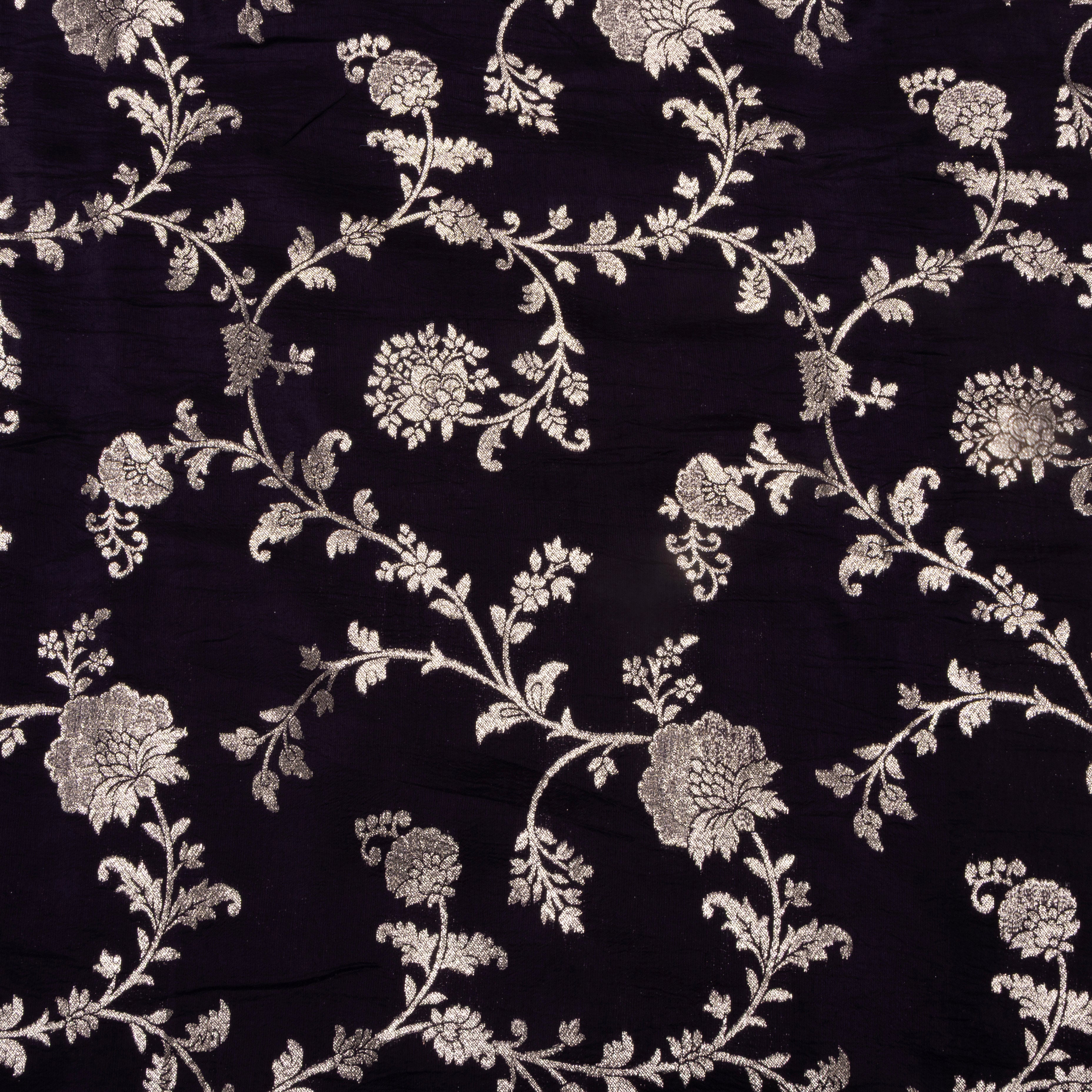 Dark Purple Floral Jamawar Silk Fabric