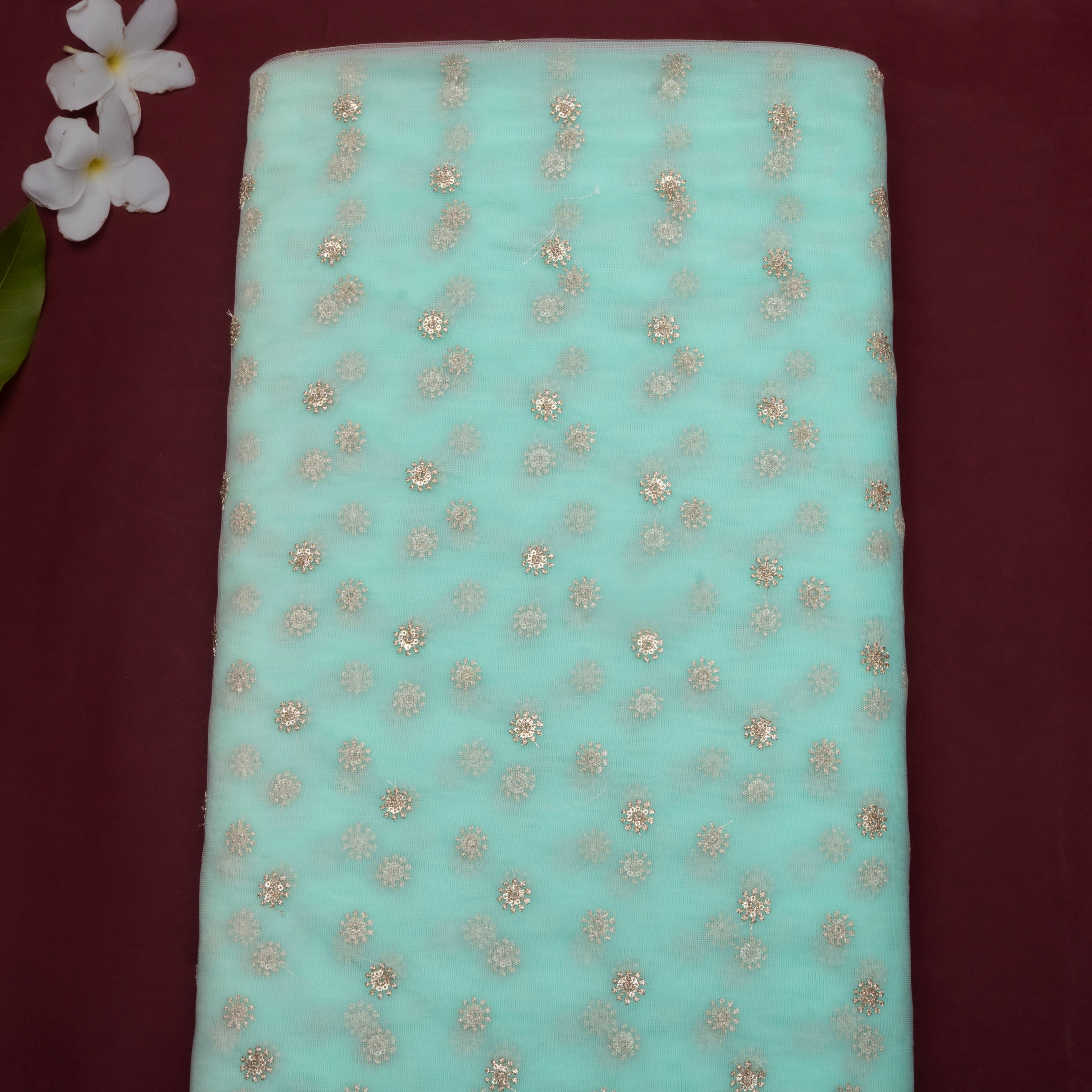 Cyan Blue Floral Embroidered Net Fabric