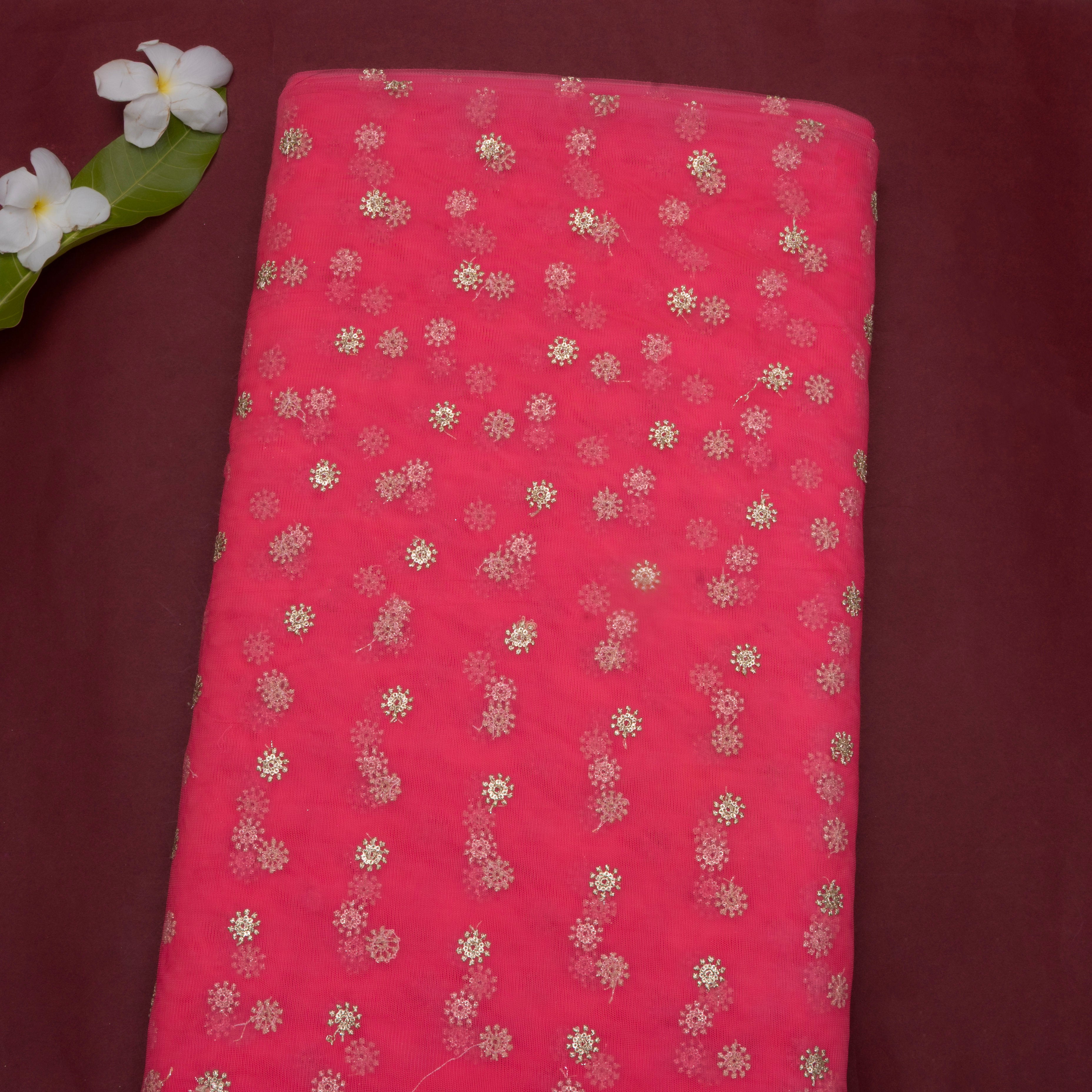 Bright Pink Floral Embroidered Net Fabric