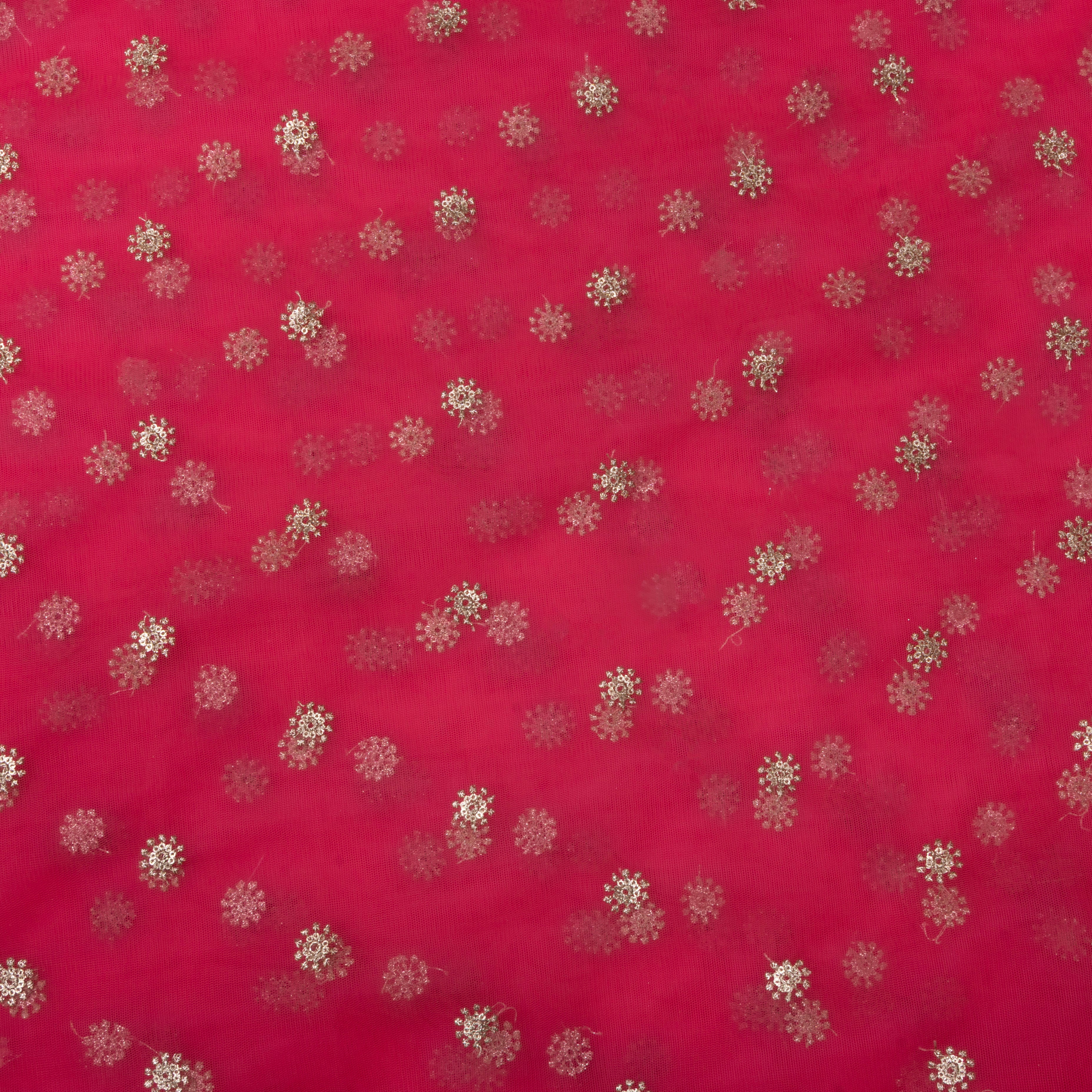 Bright Pink Floral Embroidered Net Fabric
