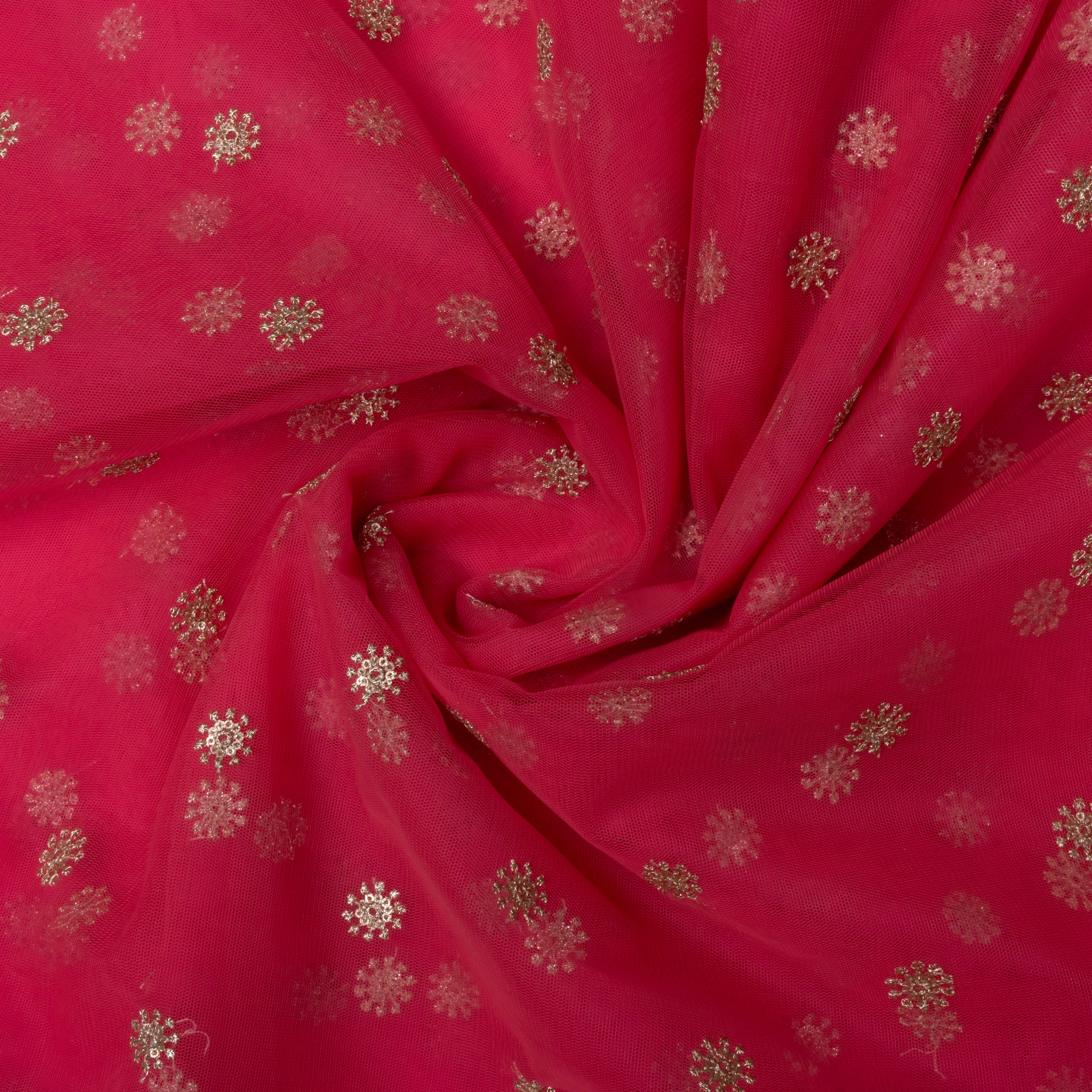 Bright Pink Floral Embroidered Net Fabric