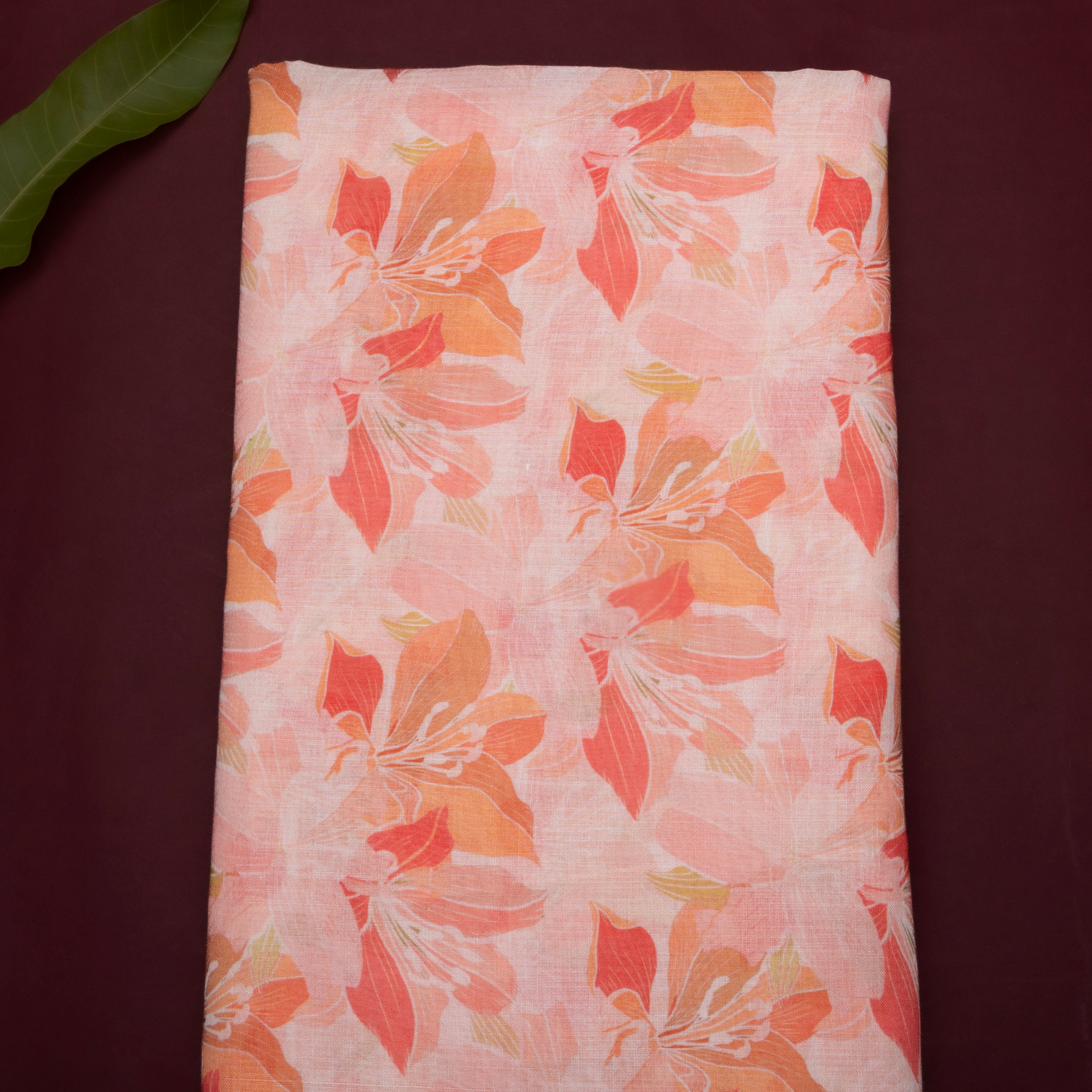 Pastel Pink Floral Printed Linen Fabric