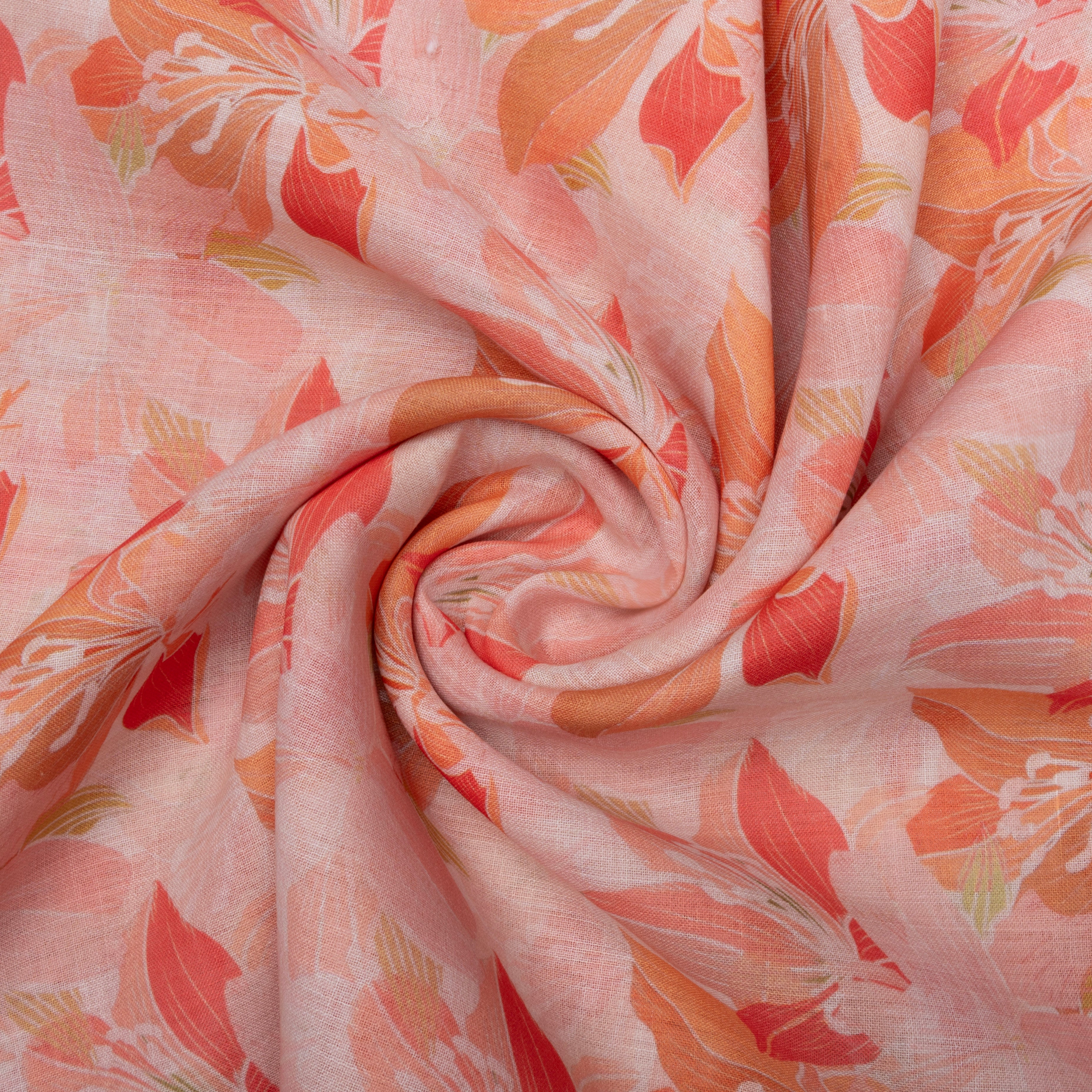 Pastel Pink Floral Printed Linen Fabric
