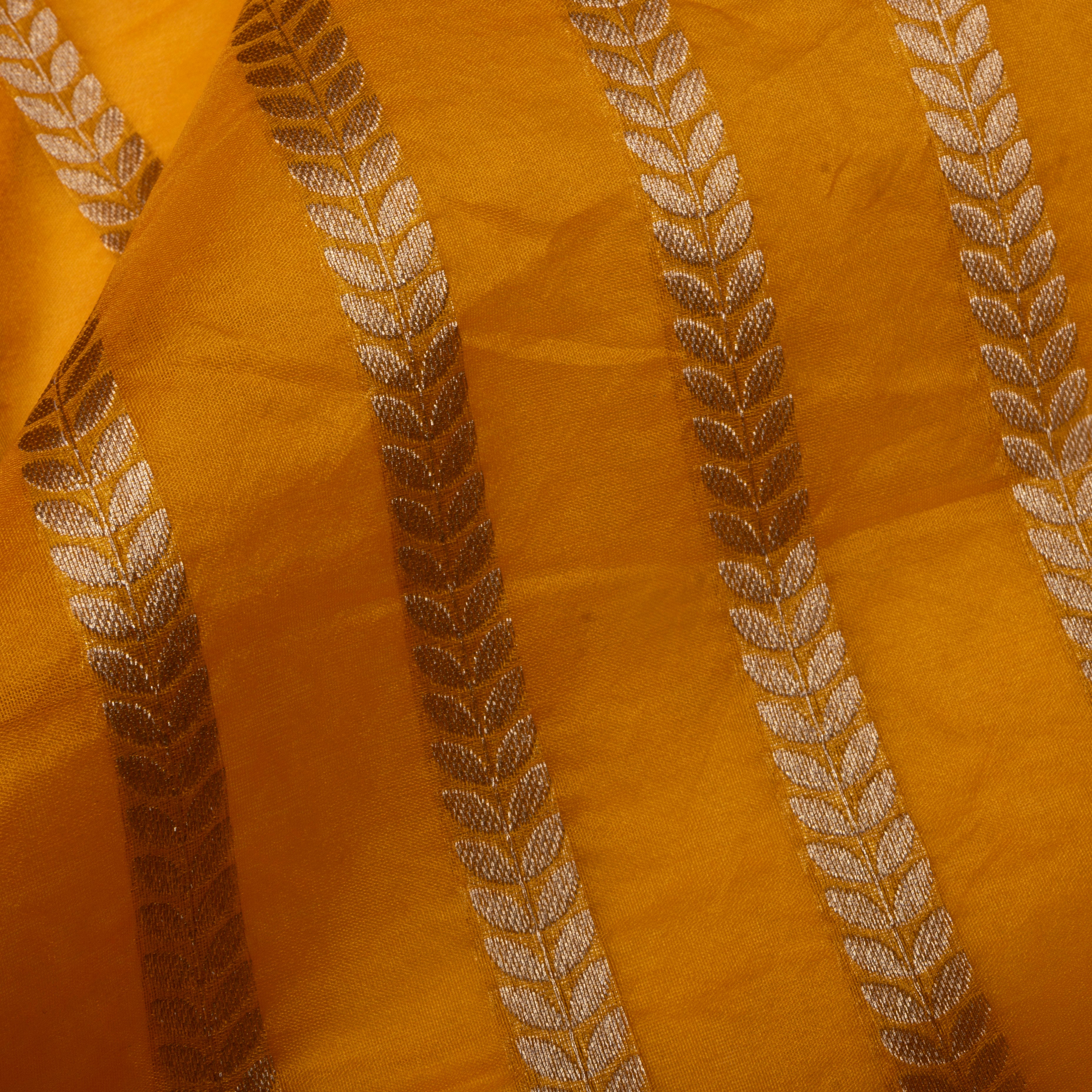 Golden Yellow Zari Stripes Jamawar Organza Fabric