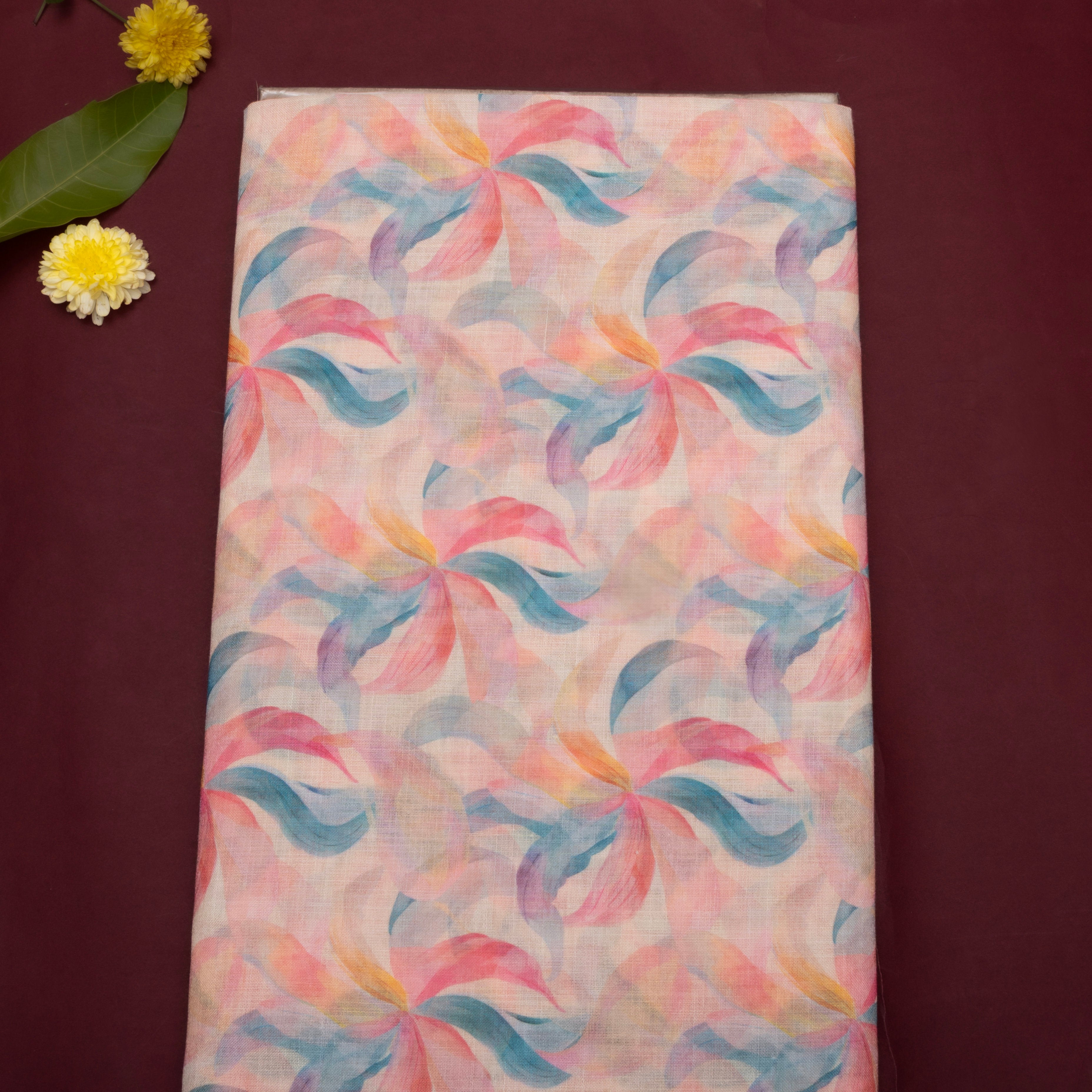 Soft Pink Floral Printed Linen Fabric