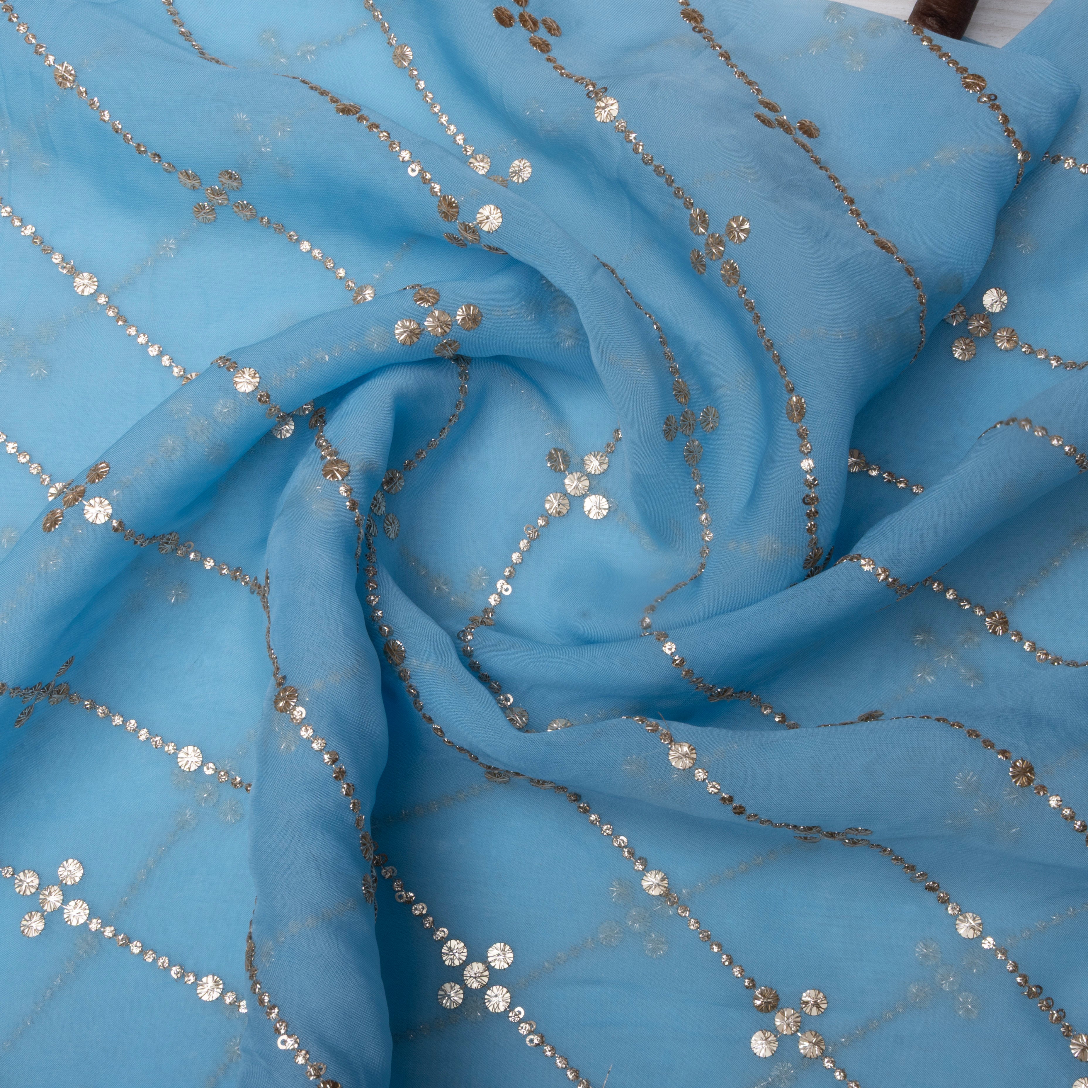 Sky Blue Foil Embroidered Organza Fabric