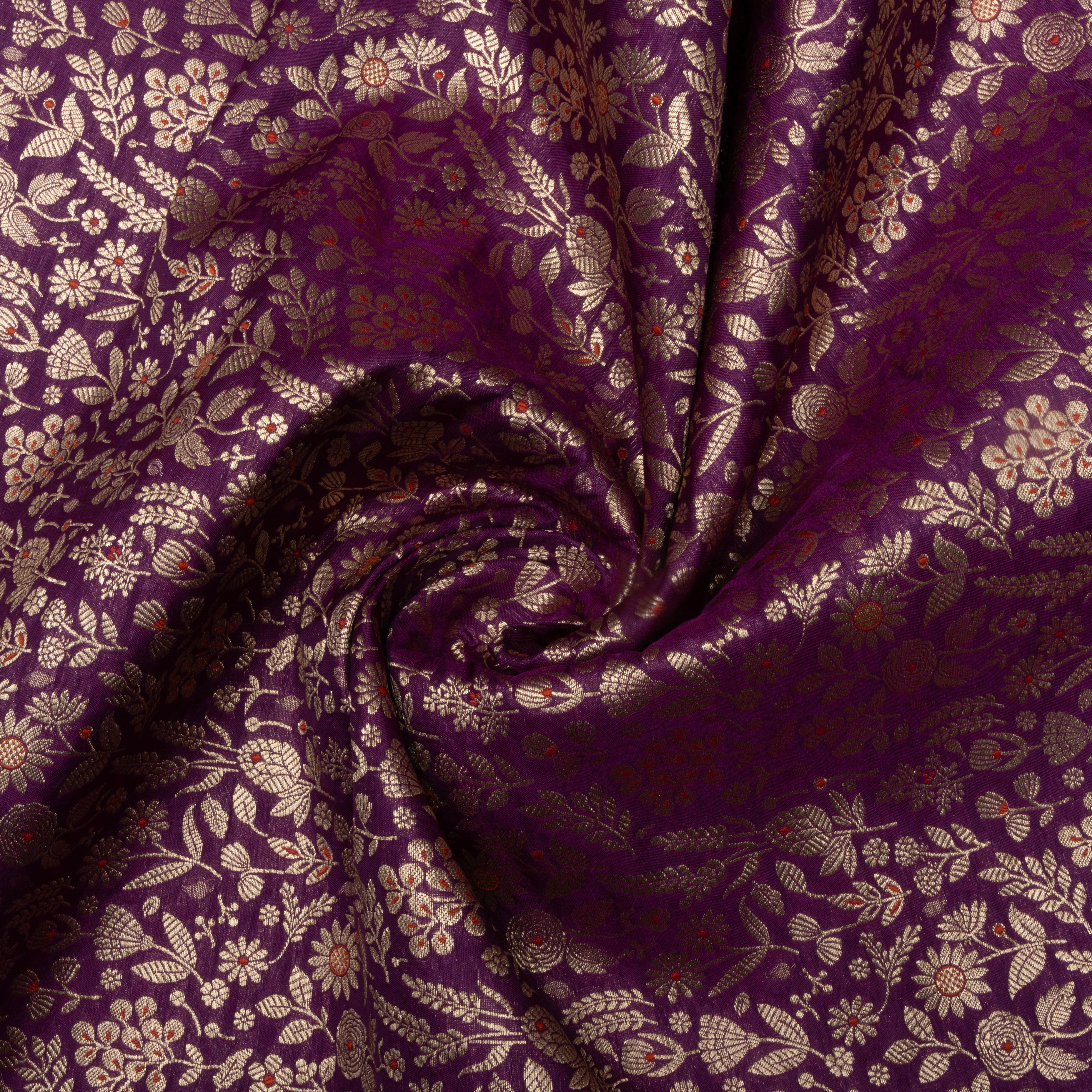 Purple Zari Woven Floral Jamawar Silk Fabric