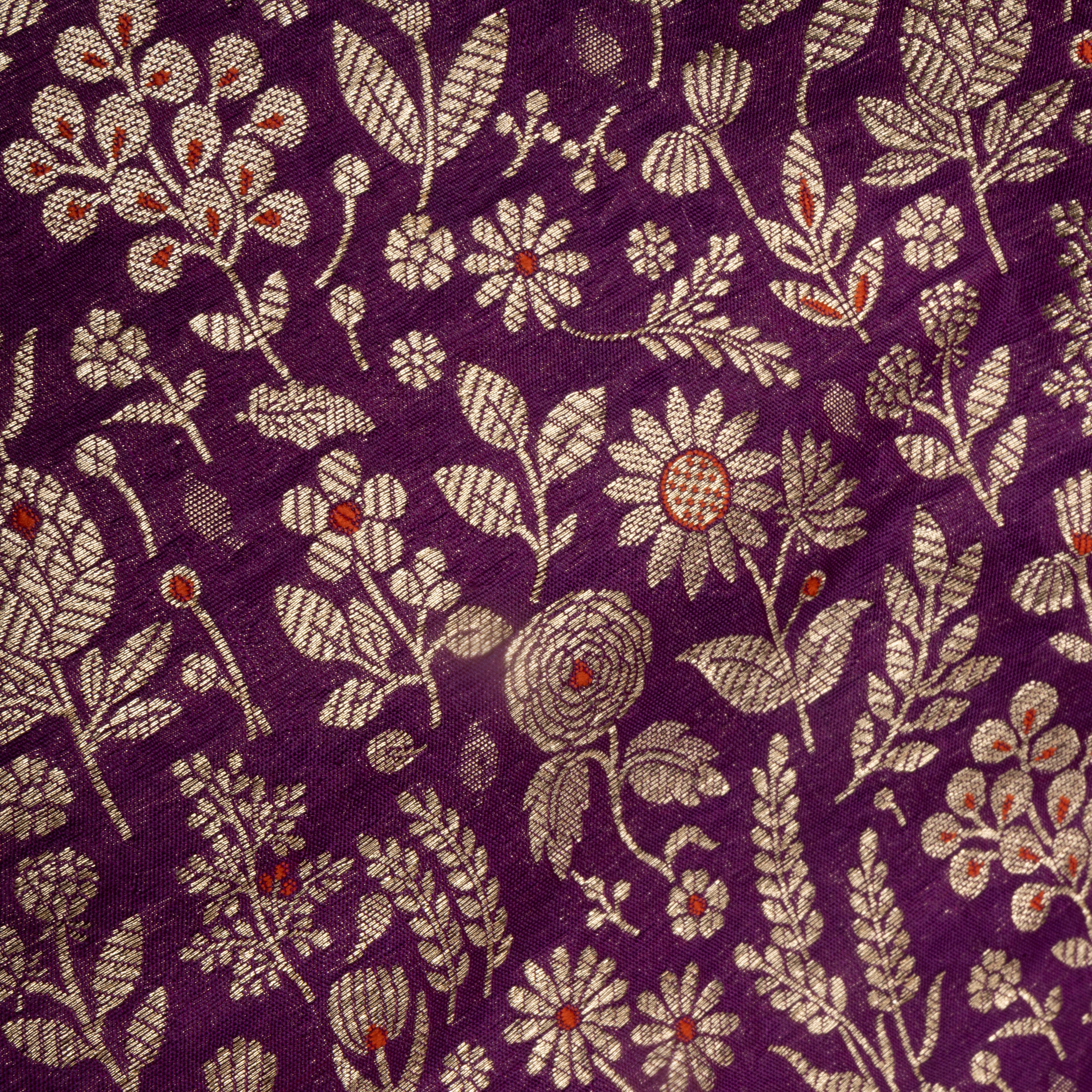 Purple Zari Woven Floral Jamawar Silk Fabric