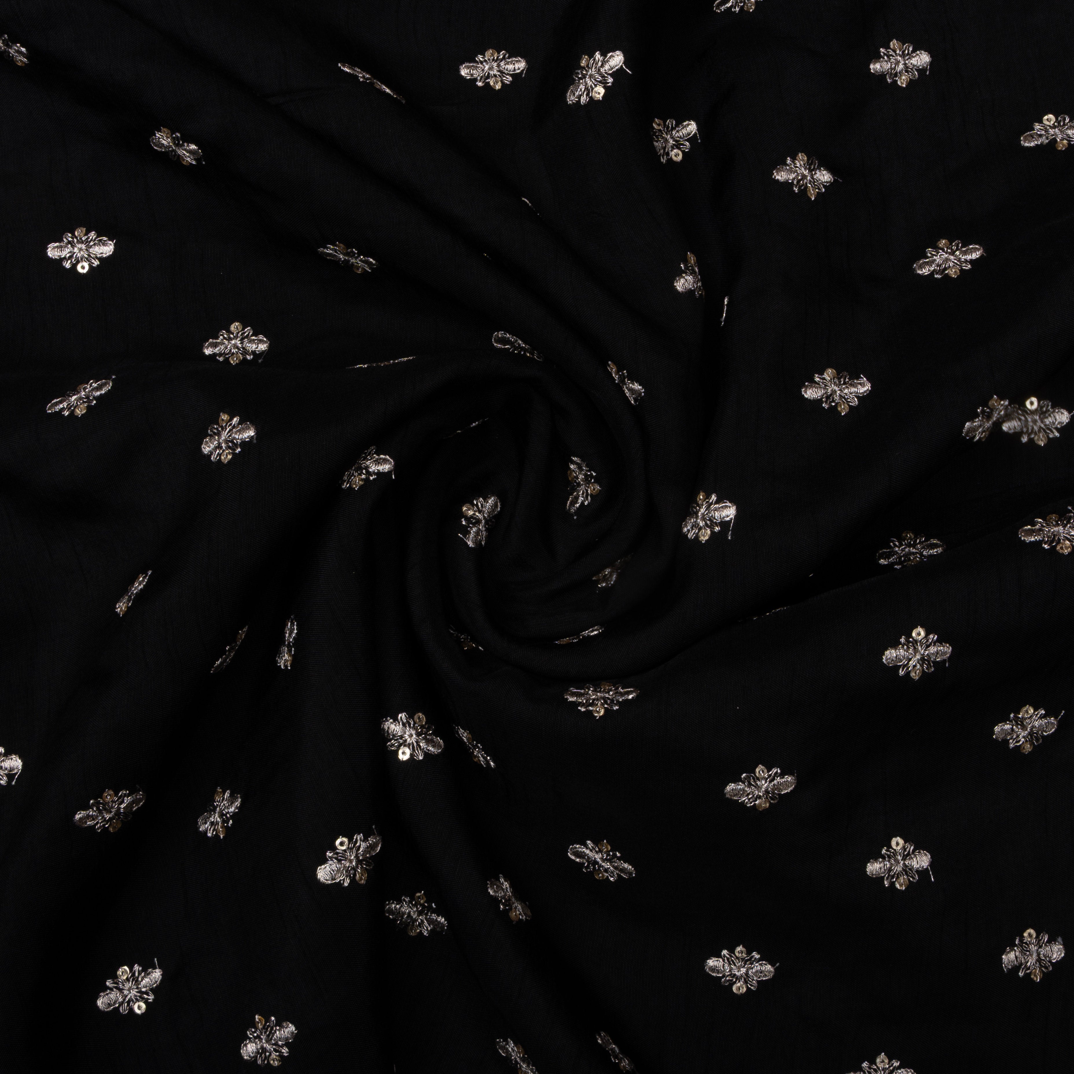 Black Floral Embroidered Silk Fabric
