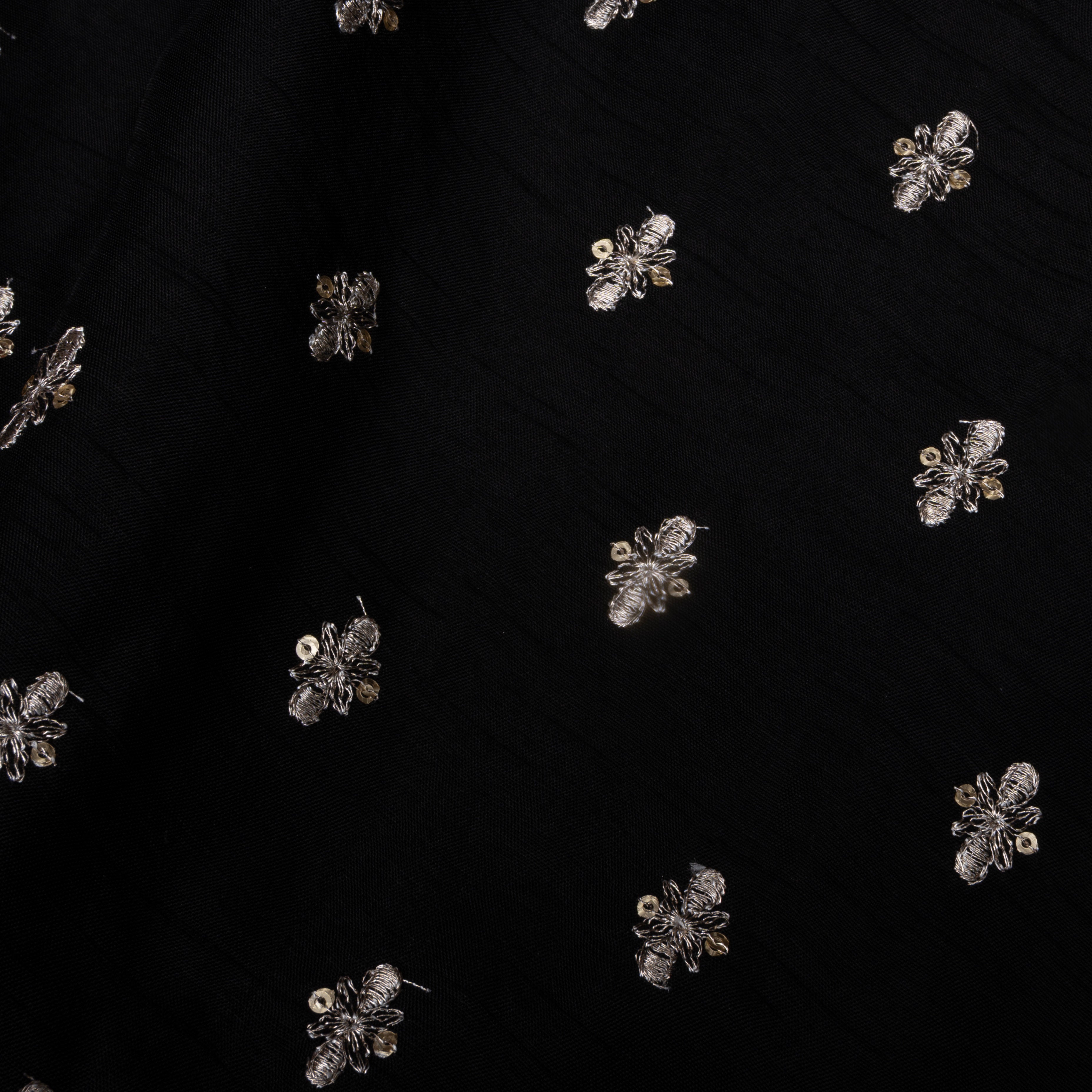 Black Floral Embroidered Silk Fabric