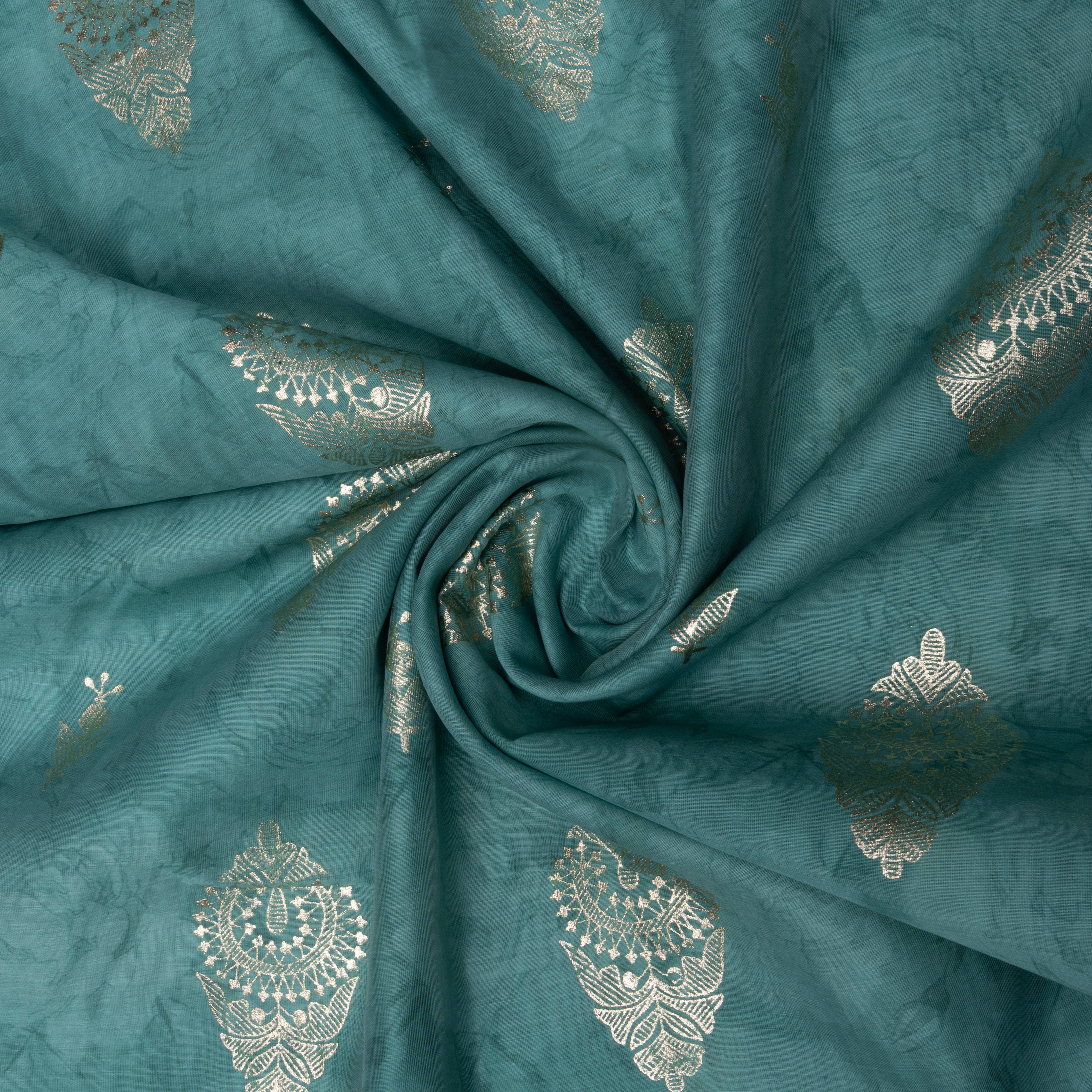Teal Blue Floral Printed Chanderi Fabric