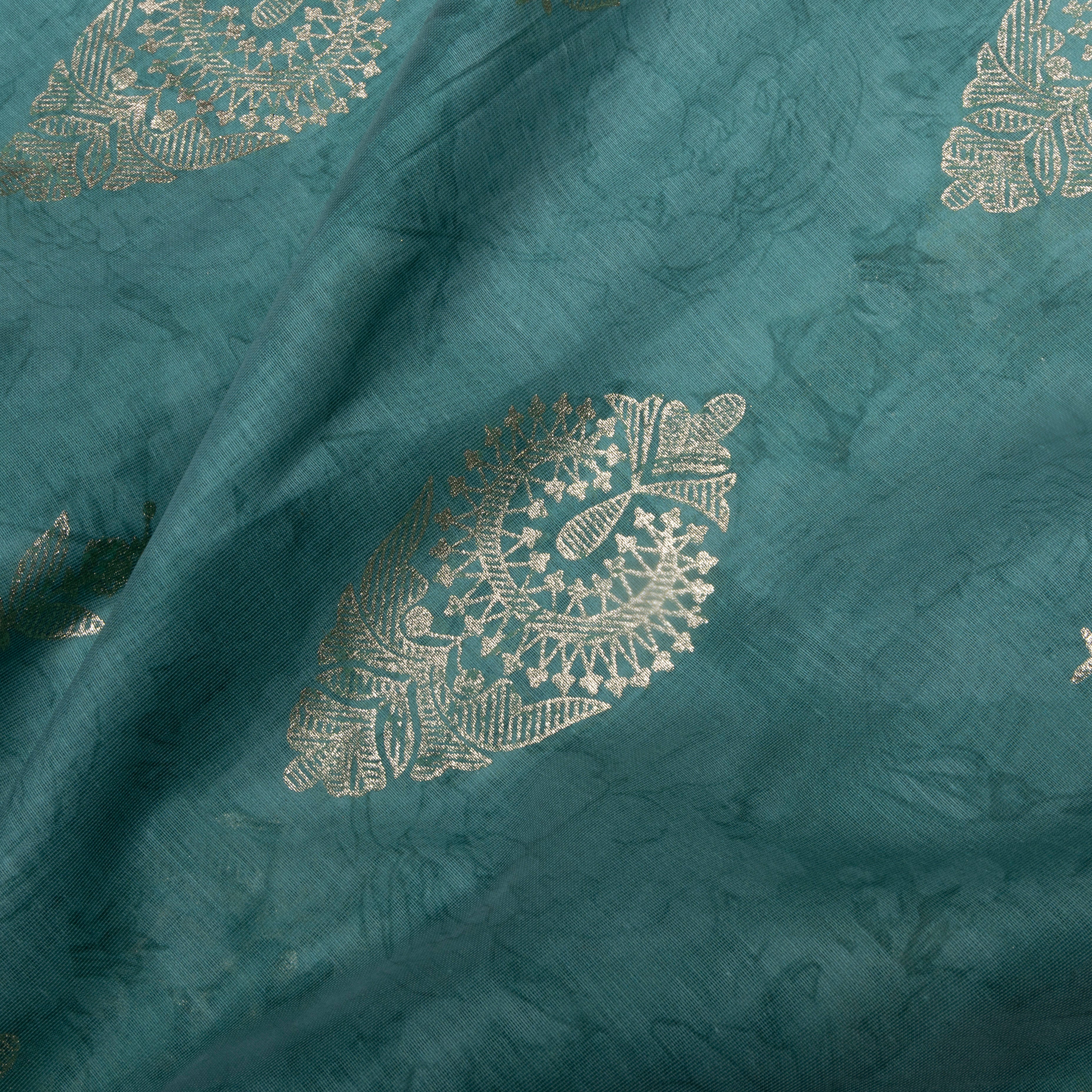 Teal Blue Floral Printed Chanderi Fabric