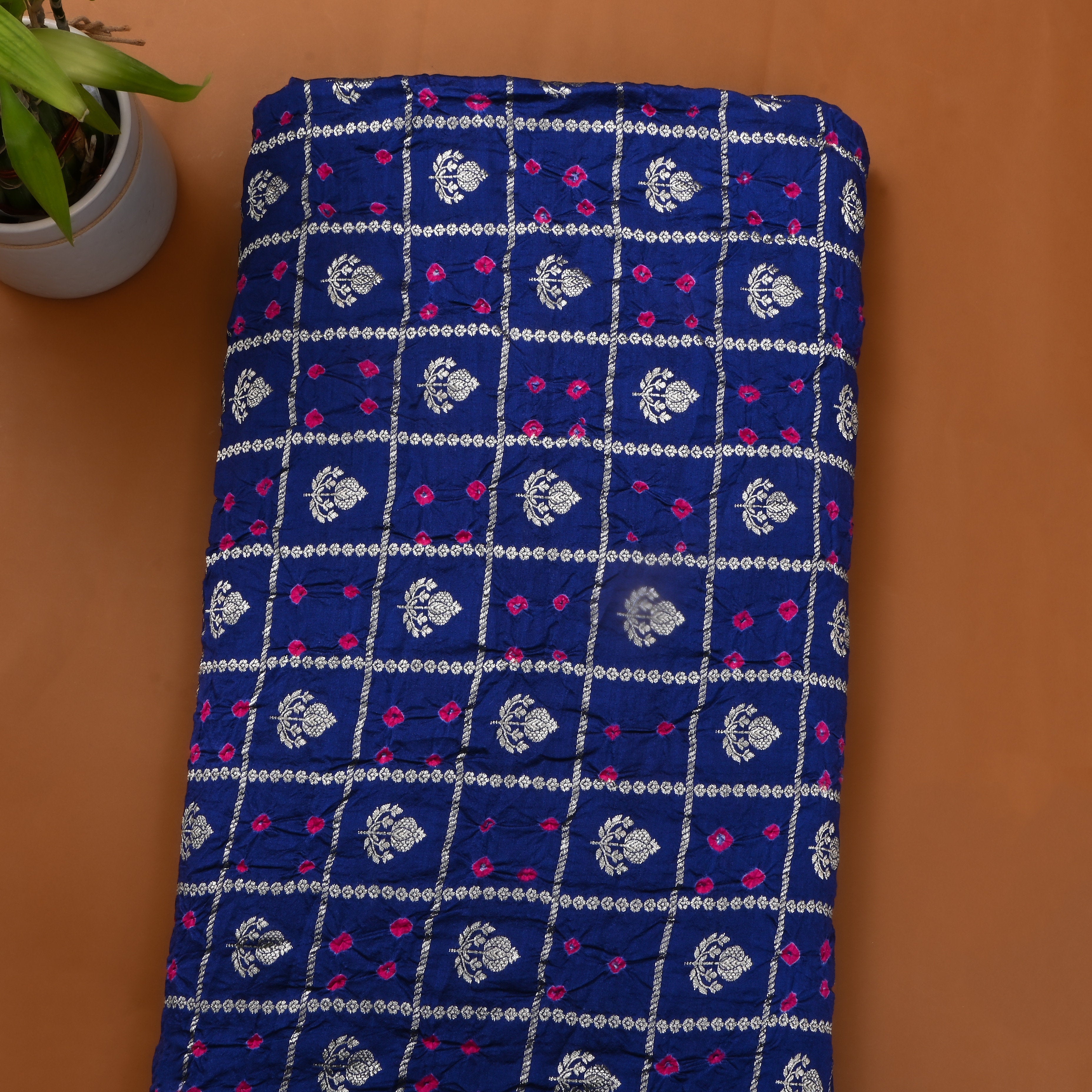 Navy Blue Zari Woven Silk Bandhani Fabric