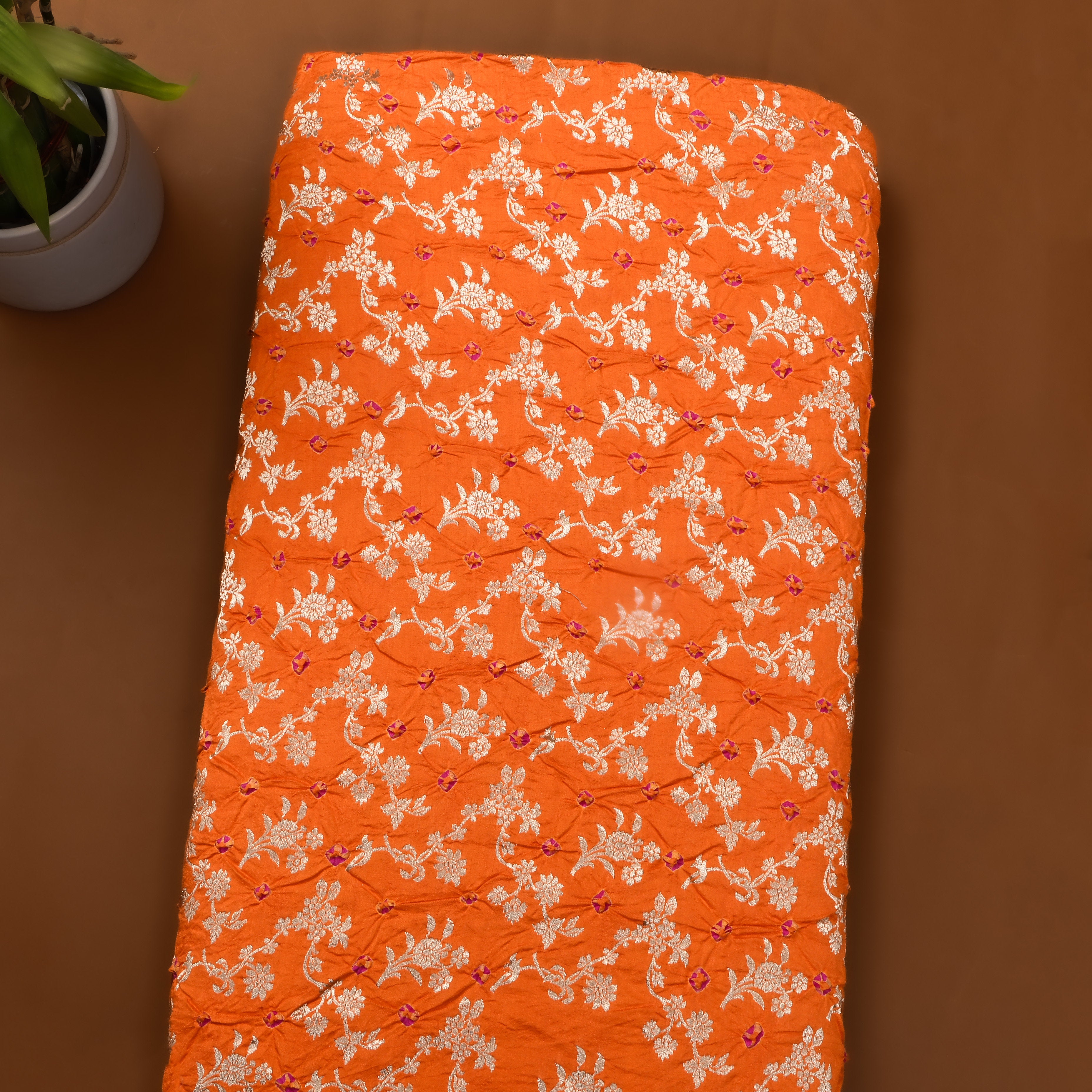 Bright Orange Zari Woven Silk Bandhani Fabric