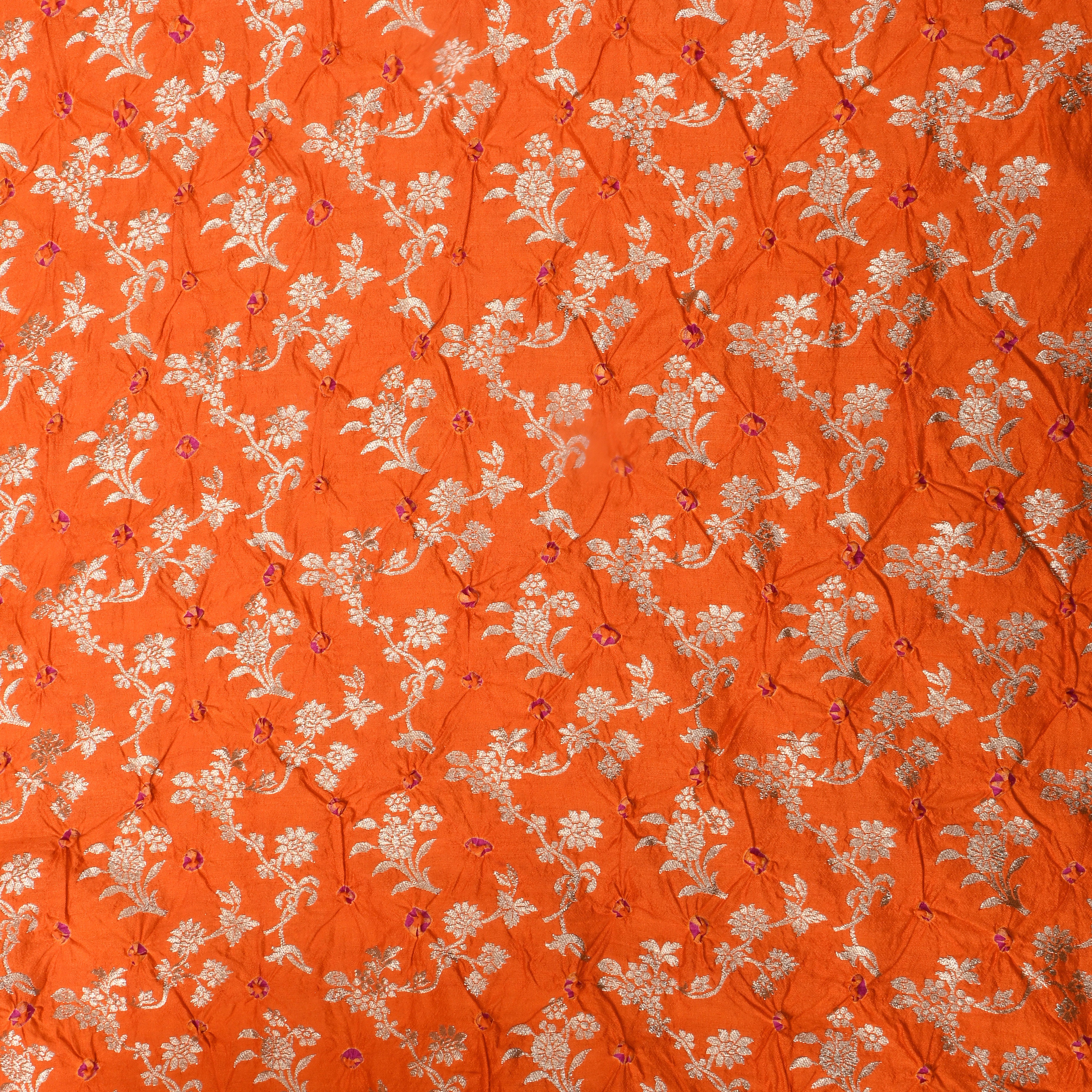 Bright Orange Zari Woven Silk Bandhani Fabric