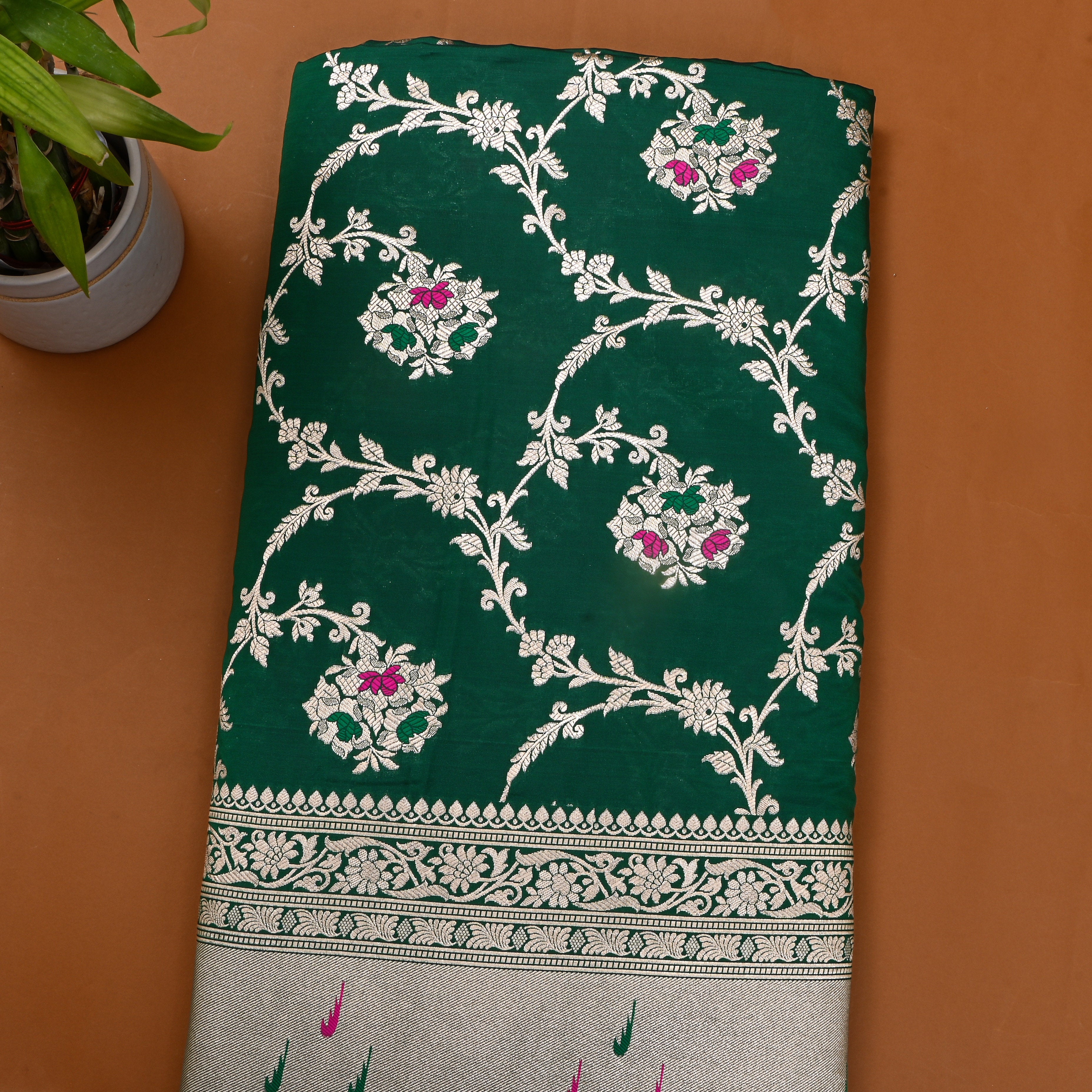 Bottle Green Jamawar Silk Fabric