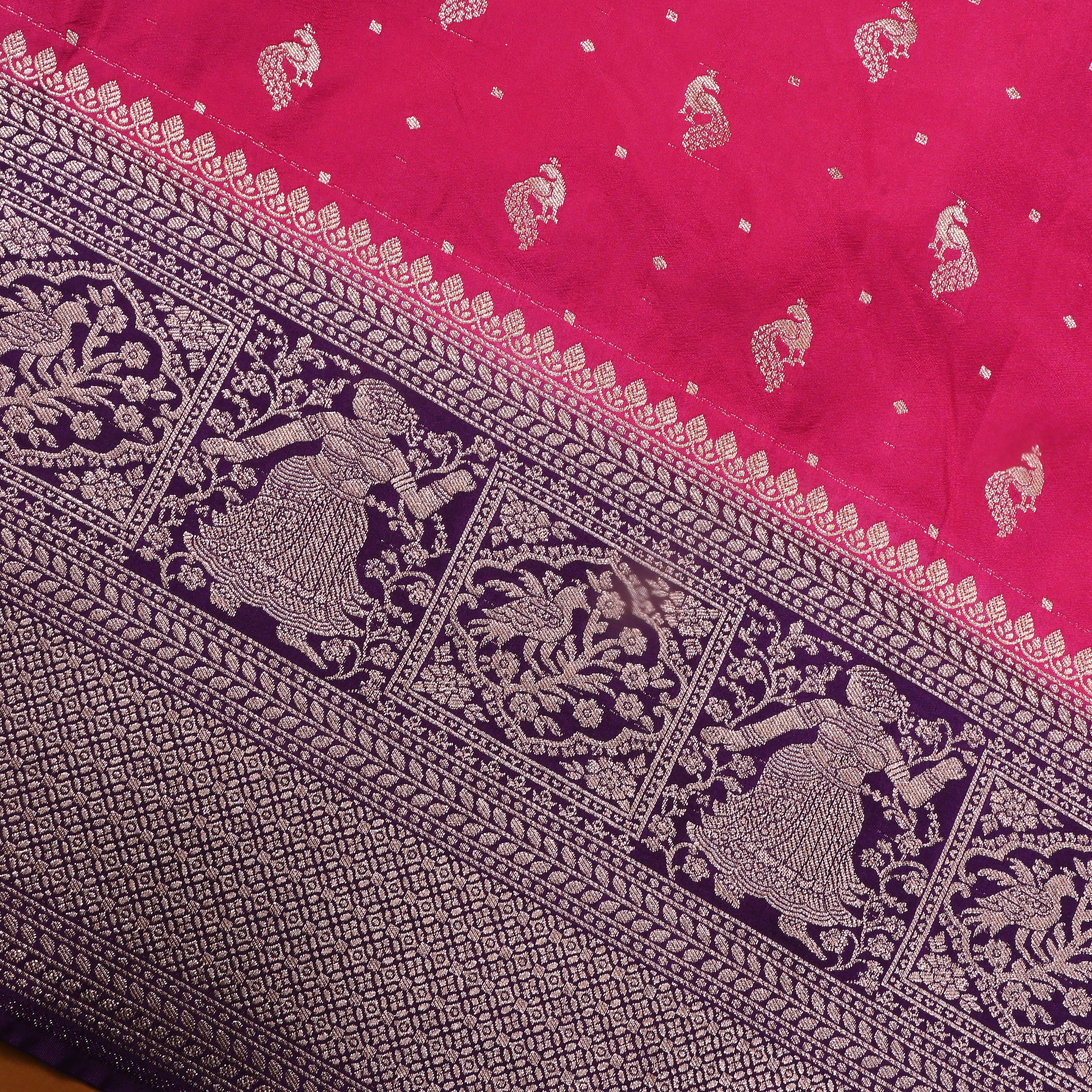 Rose Pink Peacock Butti Jamawar Silk Fabric