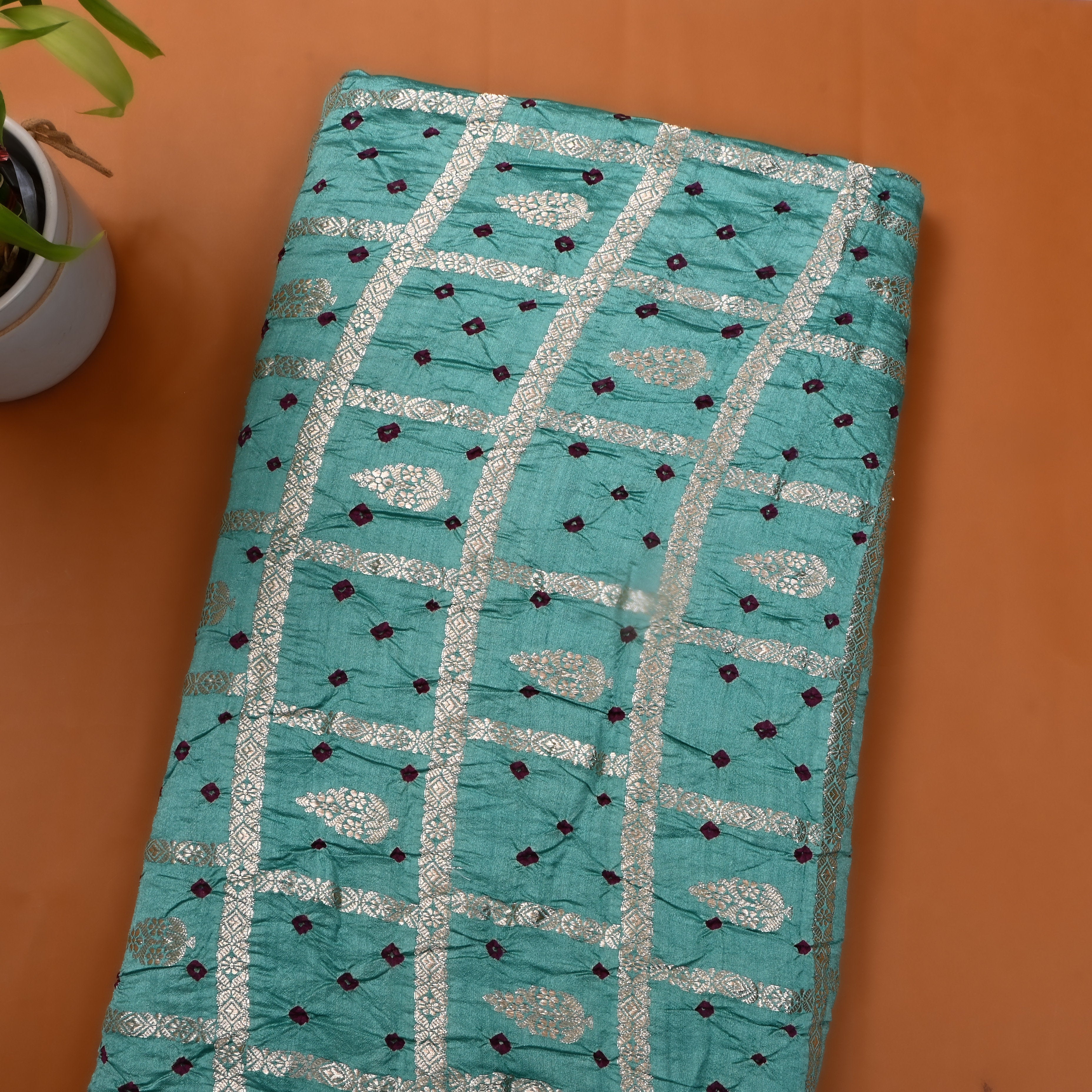 Light Mint Blue Bandhani Silk Zari Woven Fabric