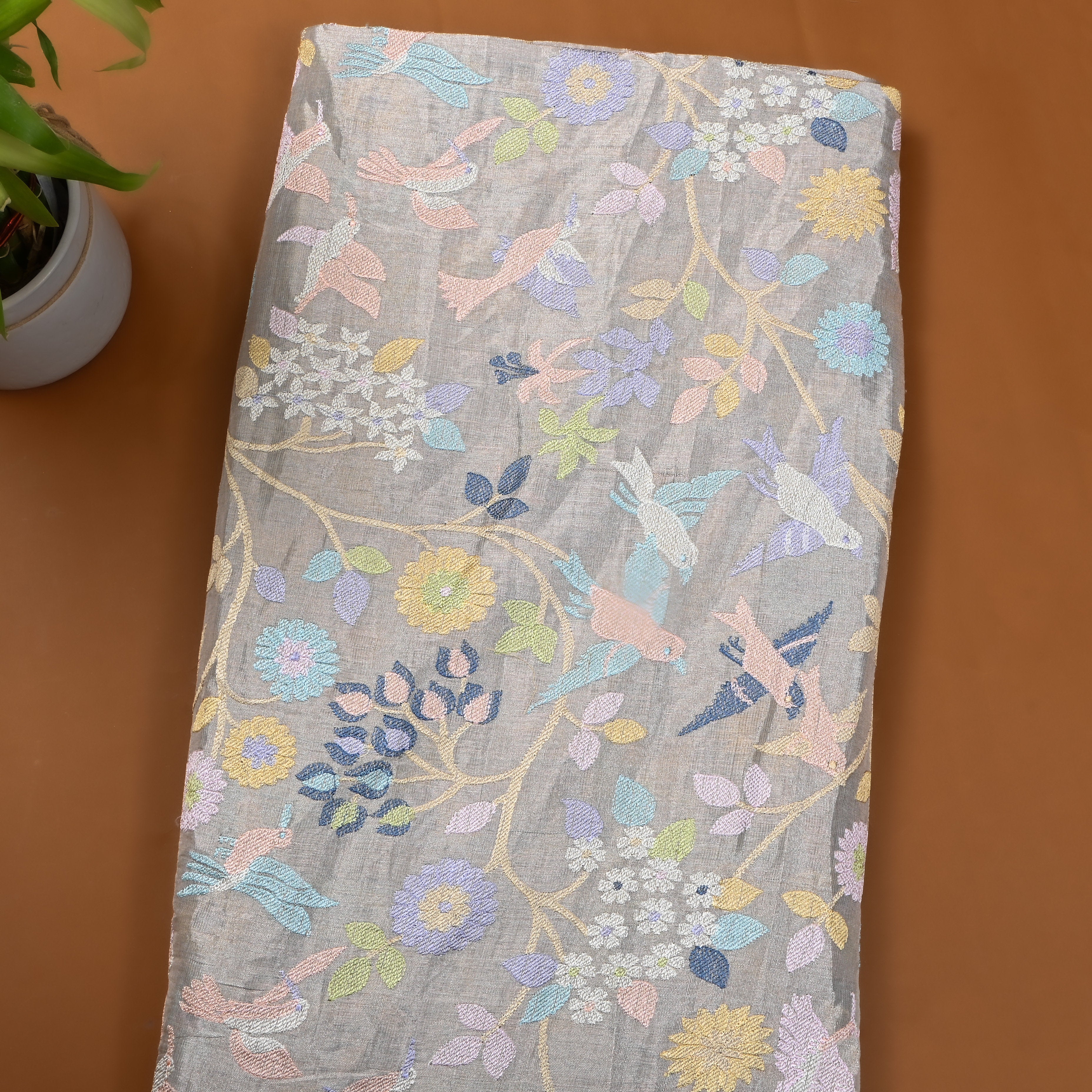 Silver Floral Embroidered Tissue Fabric