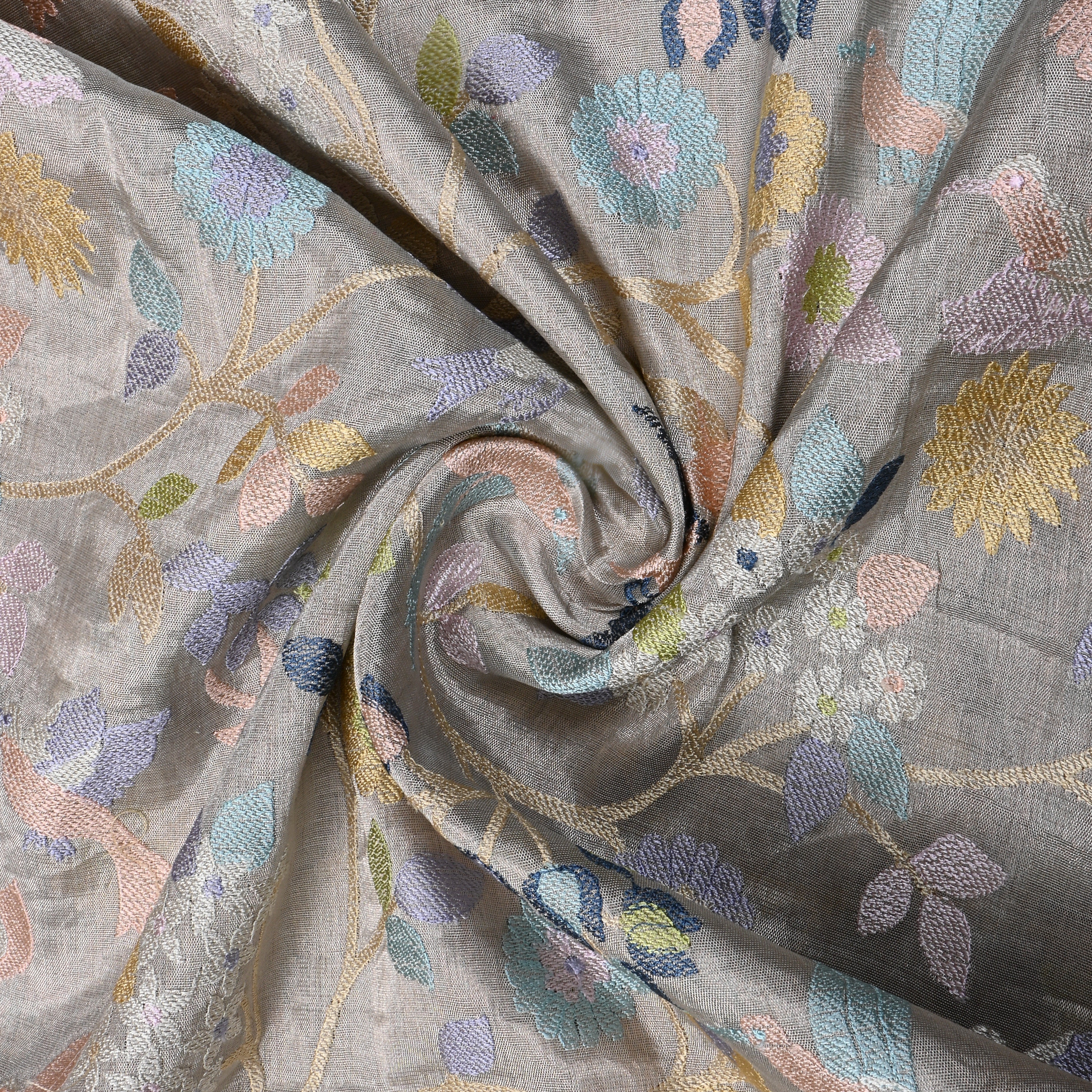 Silver Floral Embroidered Tissue Fabric