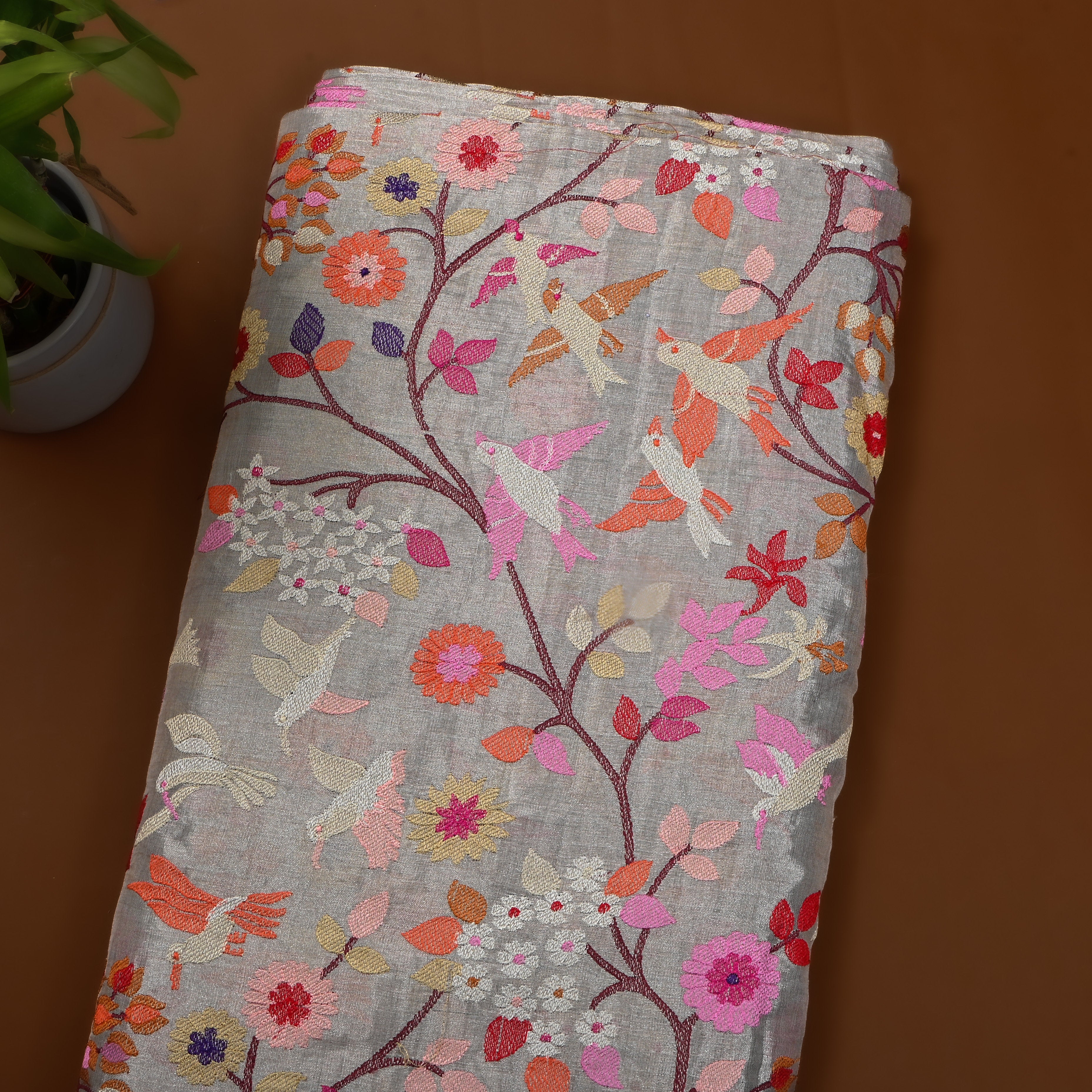 Silver Thread Embroidered Tissue Fabric